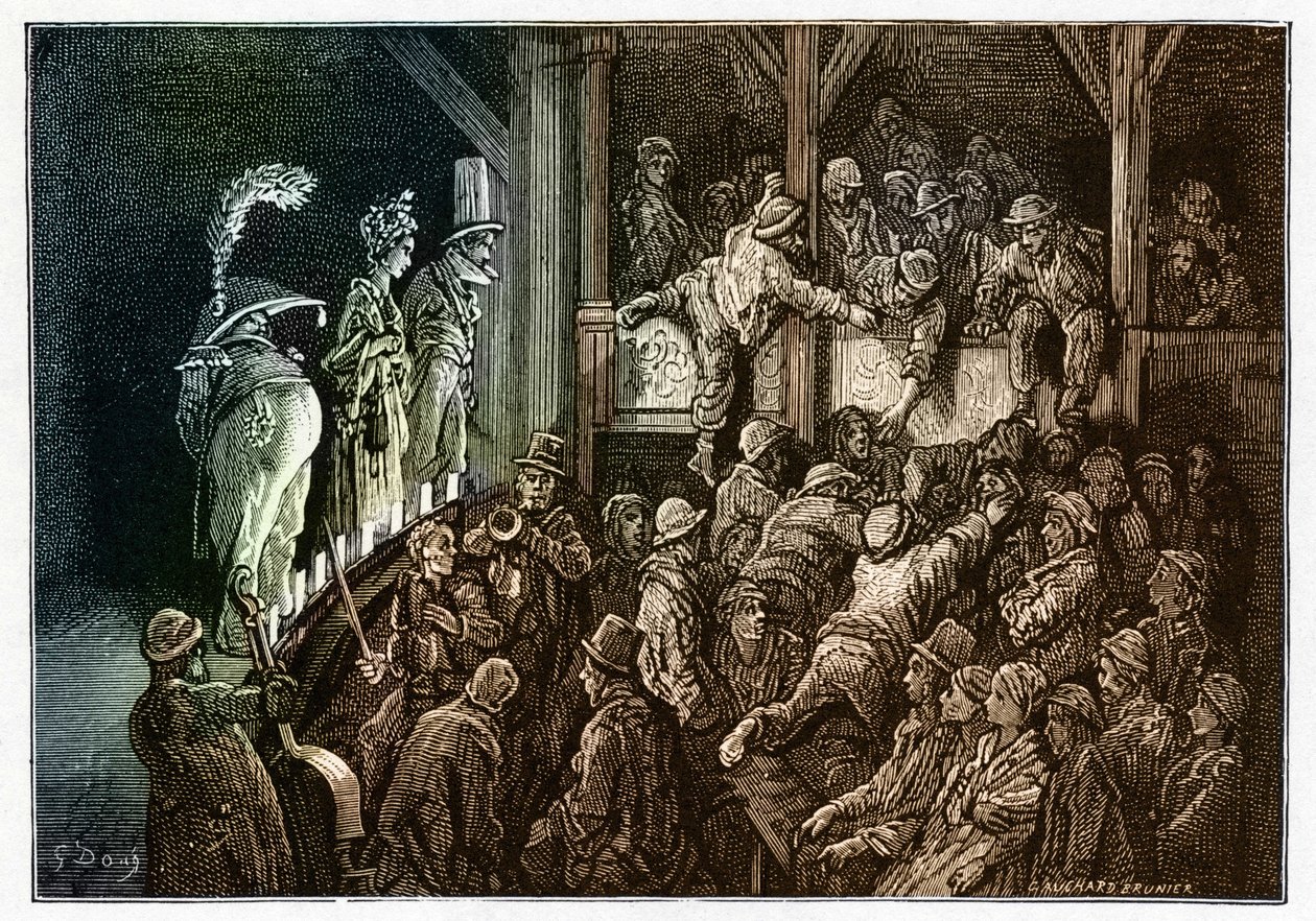 剧院：戏剧表演中的观众。彩色版画，选自古斯塔夫-多尔（1832-1883 年）绘制的《伦敦，朝圣之旅》插图 作者 古斯塔夫·多尔（Gustave Dore）