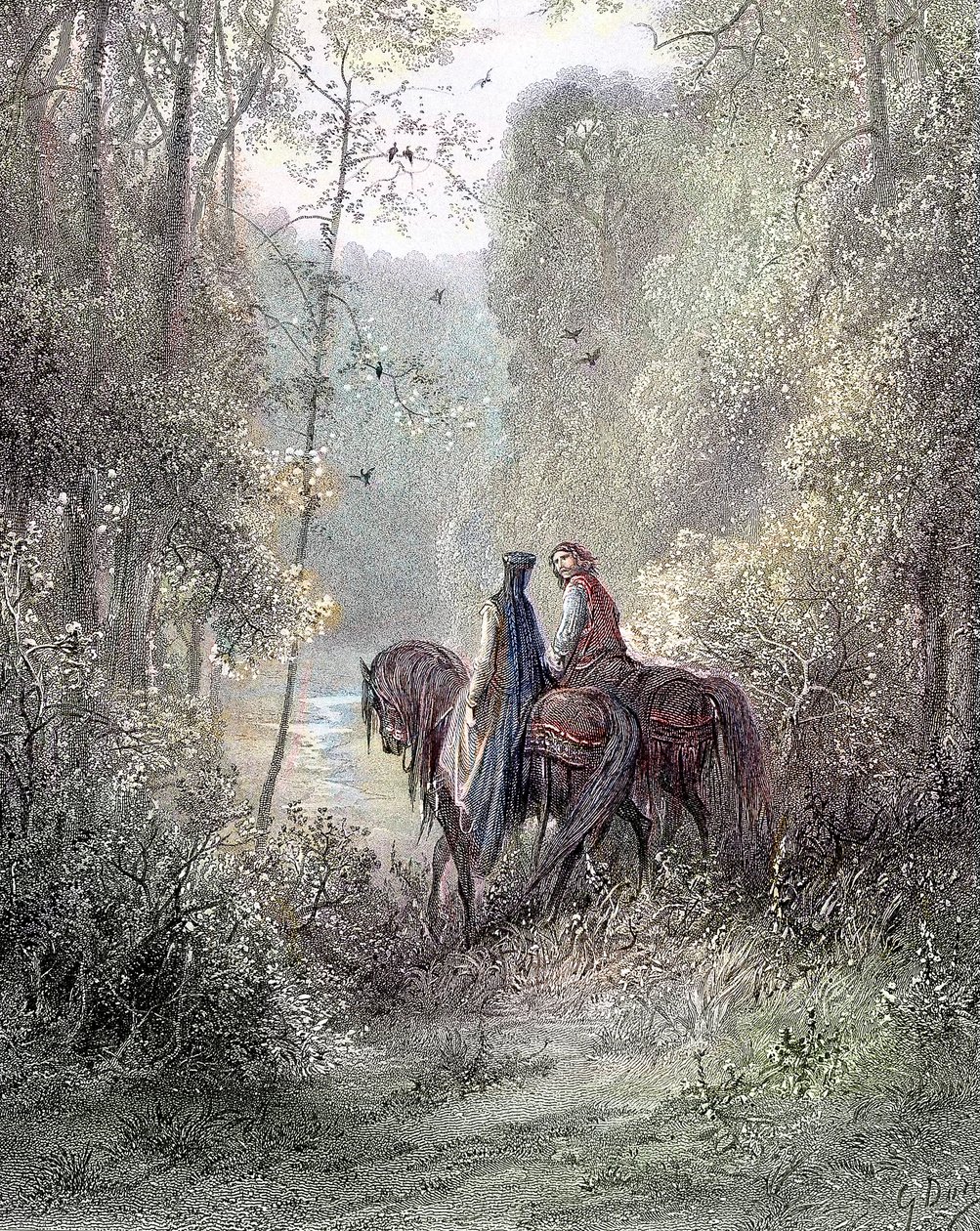 他们迷失在仿佛是鲜花天堂的树林下（Guenièvre 和 Lancelot）——在生病的阿尔弗雷德·丁尼生 (Alfred Tennyson) 的“Guenièvre”中。 作者：Gustave Doré Paris, Librairie Hachette et Cie 作者 古斯塔夫·多尔（Gustave Dore）