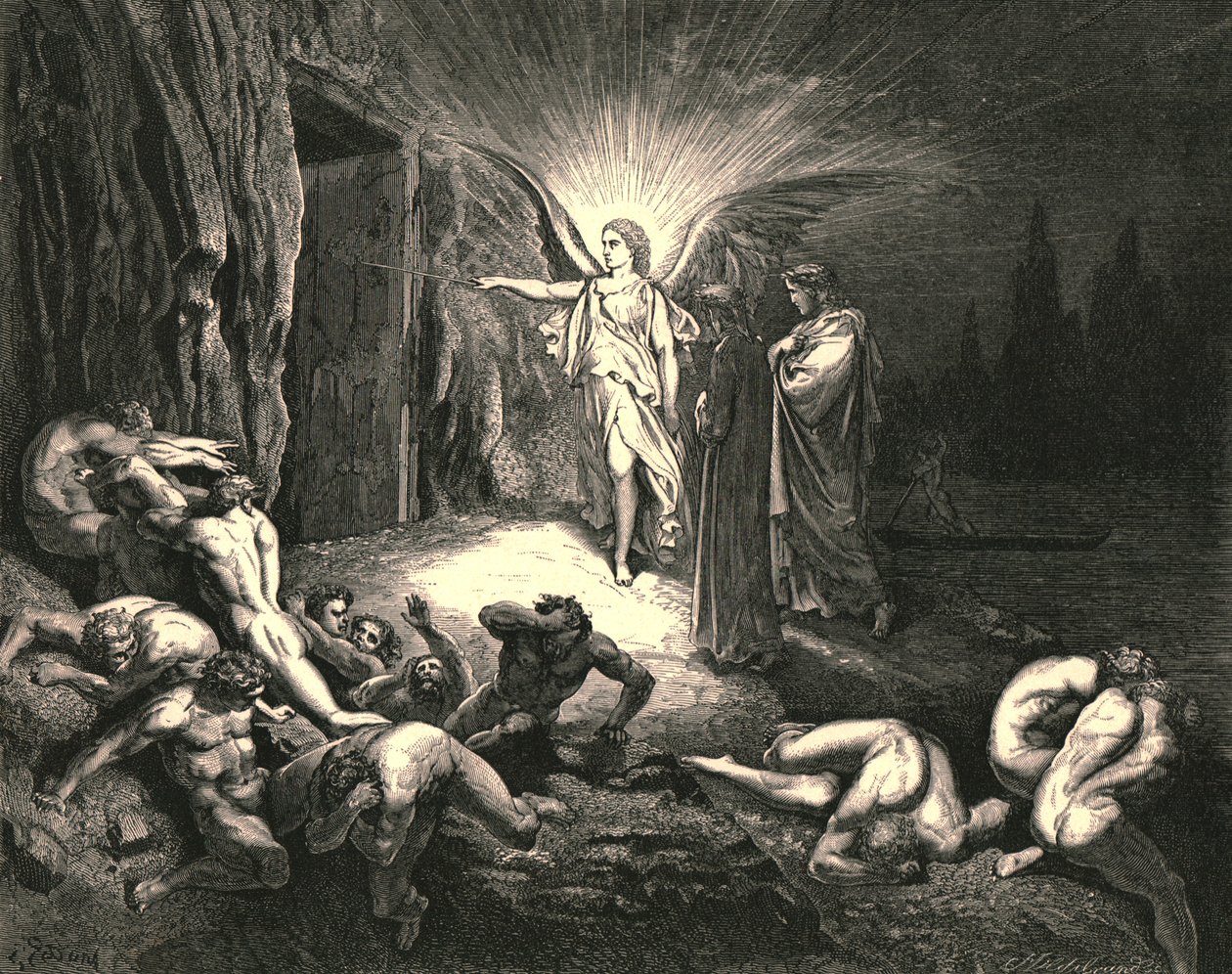 他来到大门，用魔杖碰了一下，大约在1890年。 作者 古斯塔夫·多尔（Gustave Dore）