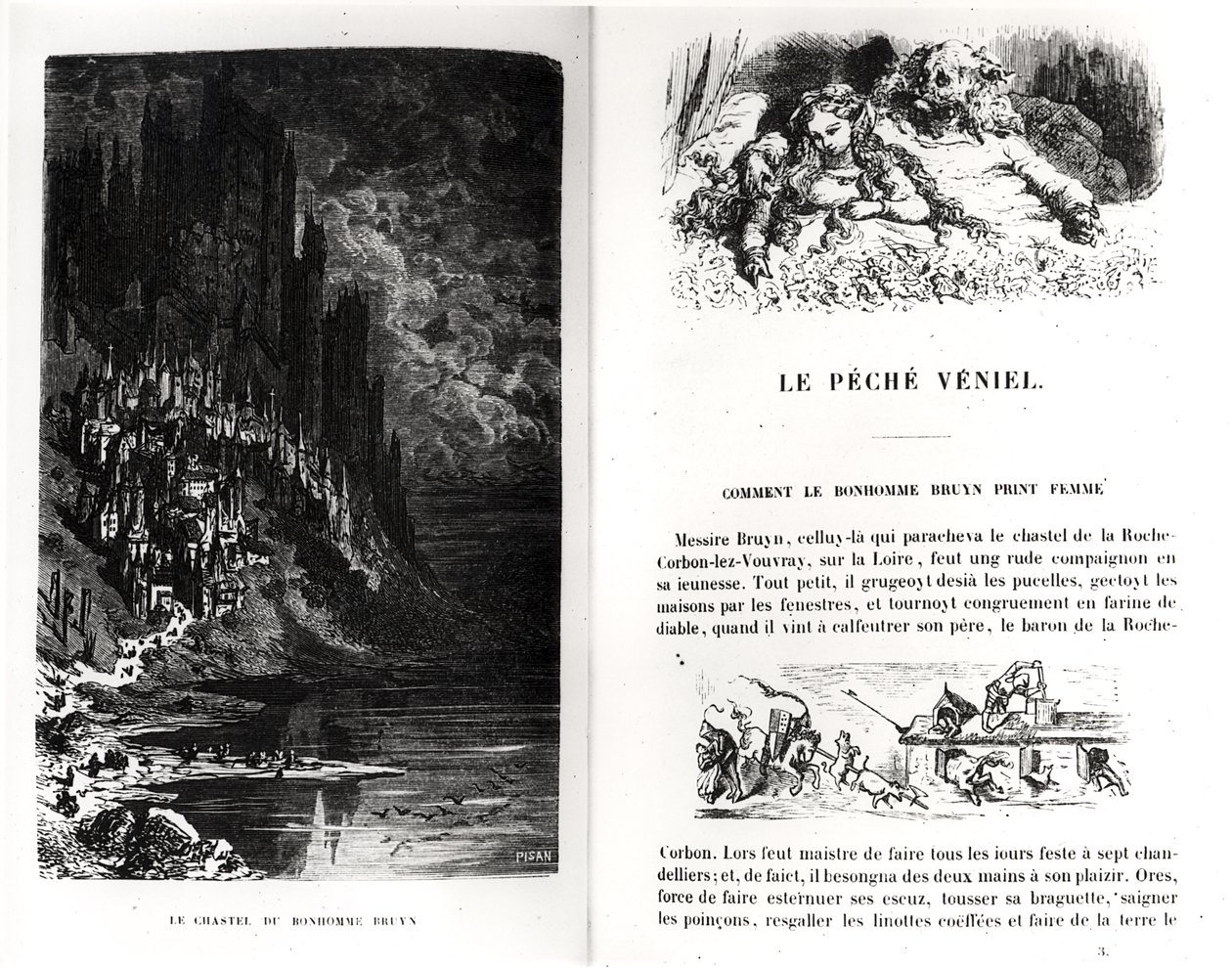 由Heliodore Joseph Pisan（1822-90）雕刻的Honore de Balzac（1799-1850）的“Les Contes Drolatiques”中的两个插图页面 作者 古斯塔夫·多尔（Gustave Dore）