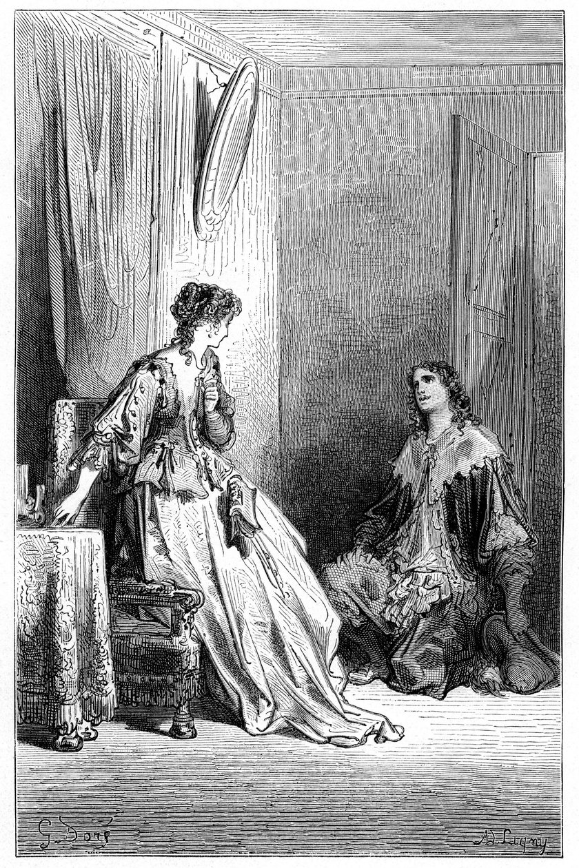 Vallombreuse 跪在他深爱的 Isabelle 面前。古斯塔夫-多尔为 Theophile Gautier 的小说《Le capitaine Fracasse》绘制的插图，1863 年夏朋蒂埃版。 作者 古斯塔夫·多尔（Gustave Dore）