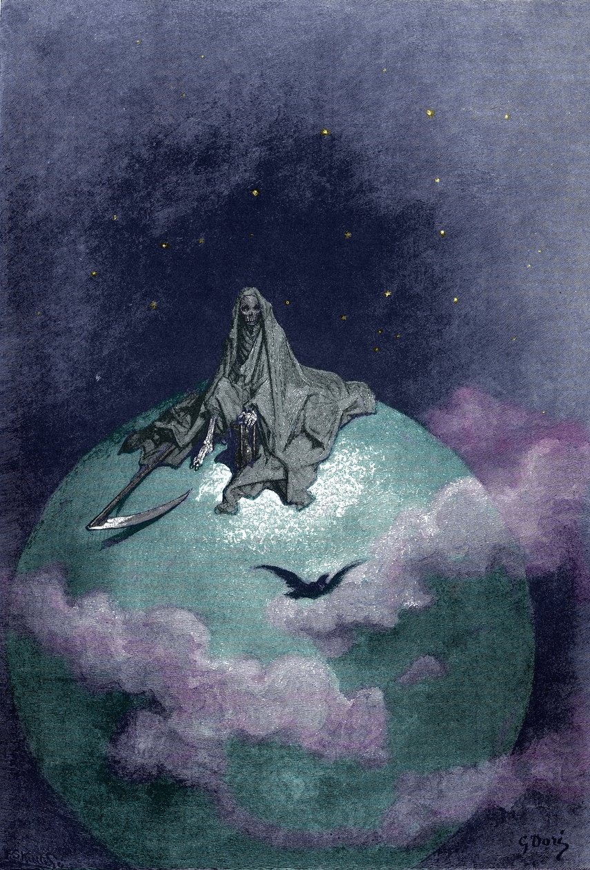 死神与赝品坐在地球仪上的幻象。古斯塔夫-多尔的插图 作者 古斯塔夫·多尔（Gustave Dore）