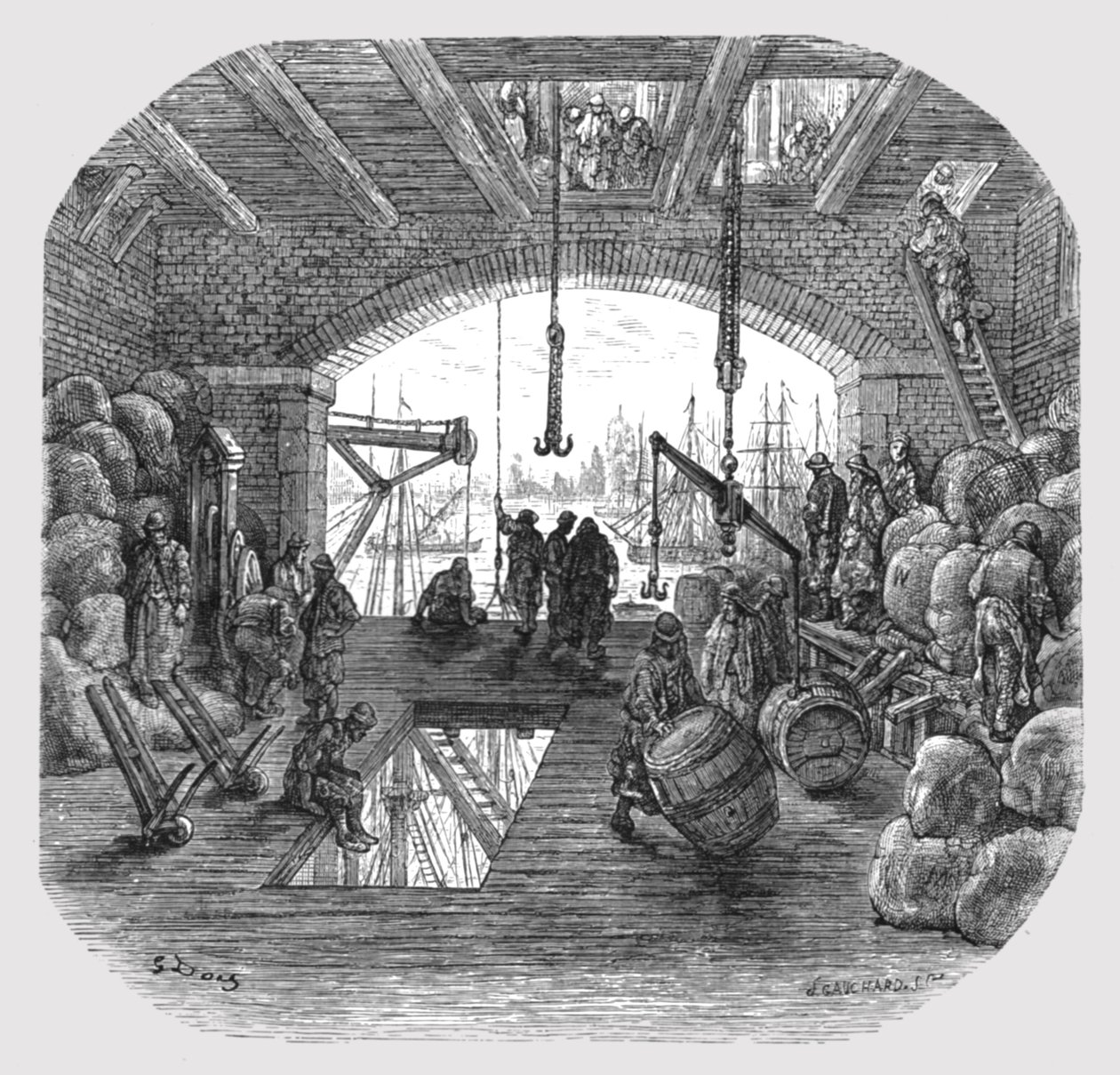 泰晤士河畔的仓库》，1872年。   作者 古斯塔夫·多尔（Gustave Dore）