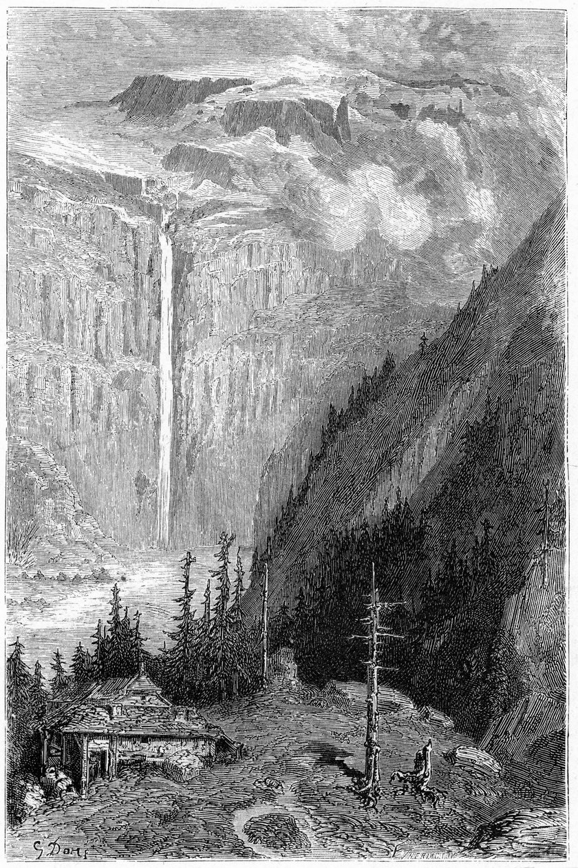 从客栈看到的加瓦涅峡谷瀑布：古斯塔夫-多尔（Gustave Dore）为希波吕特-泰恩（Hippolyte Taine）1860 年出版的《比利牛斯之旅》一书绘制的插图。 作者 古斯塔夫·多尔（Gustave Dore）