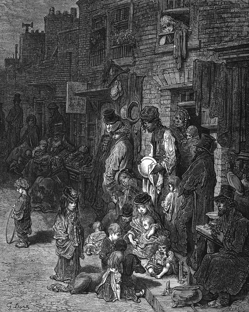 白教堂的温特沃斯街"，该市贫穷的犹太区：选自 Gustave Dore 和 Blanchard Jerrold London：1872 年伦敦朝圣之旅。木刻版画 作者 古斯塔夫·多尔（Gustave Dore）