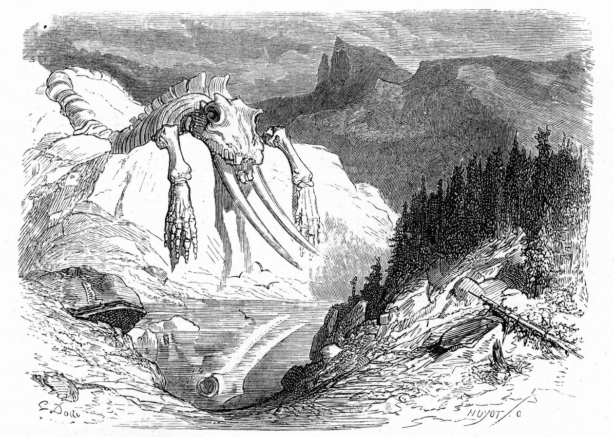 古斯塔夫-多尔（Gustave Dore）于 1850 年左右绘制的版画：描绘了一场世界末日的大洪水，洪水过后，各种怪兽落在山上。伊波利特-泰恩（Hippolyte Taine）《比利牛斯山之旅》一书的插图，书中出现了骨骼化石 作者 古斯塔夫·多尔（Gustave Dore）