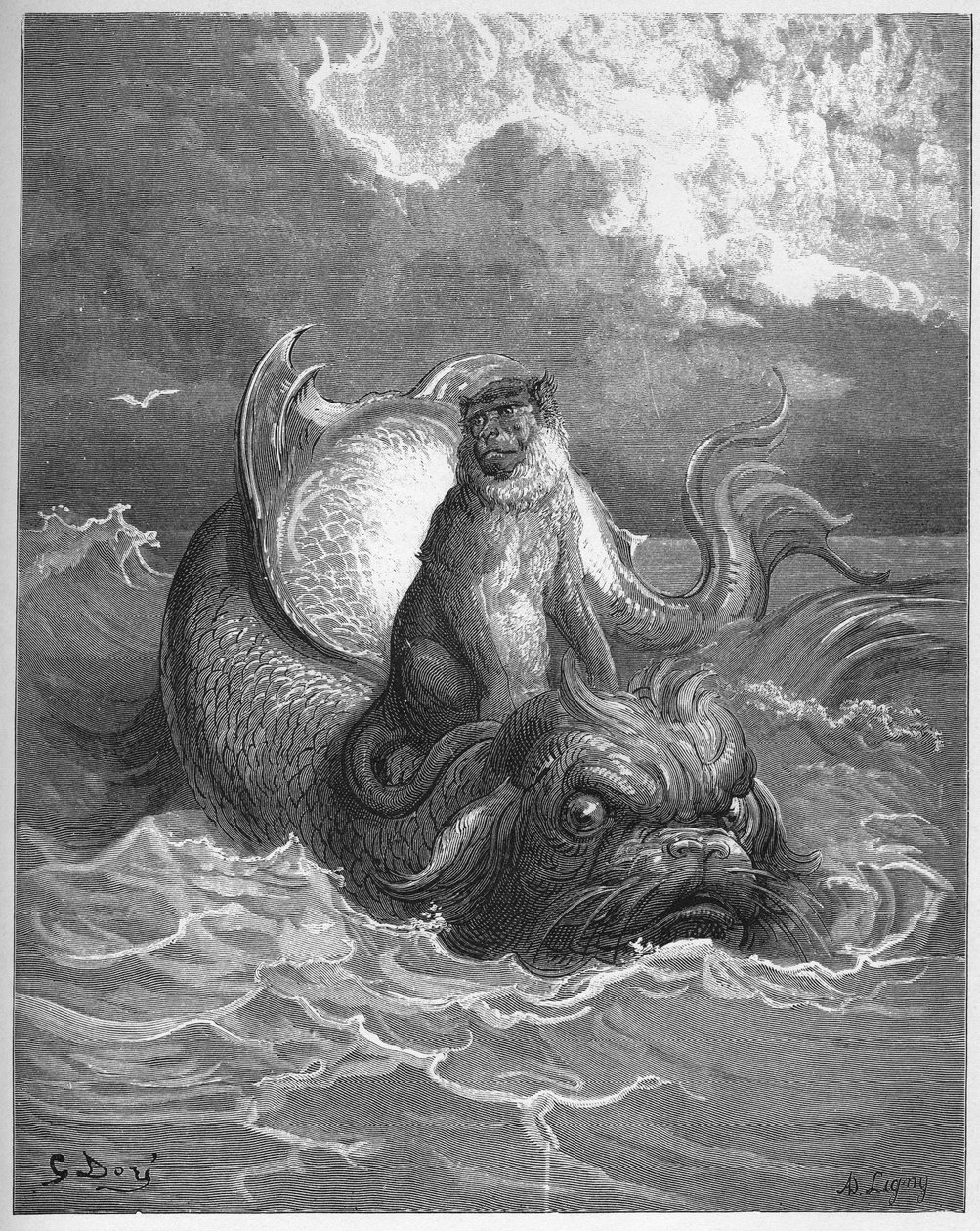 猴子和海豚-摘自Jean de La Fontaine的“寓言” 作者 古斯塔夫·多尔（Gustave Dore）