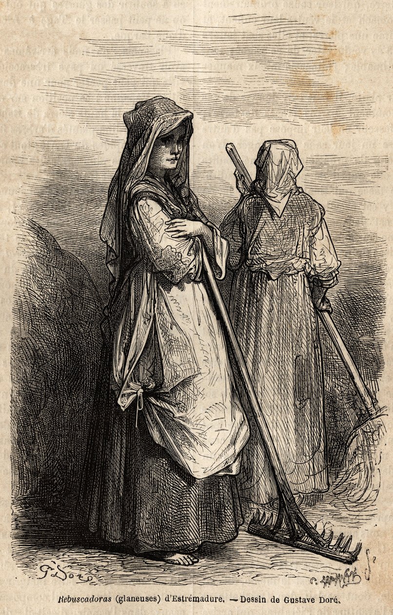 the gleaners of Estremadure, with their large wooden rakes to pick up the part of the crop that was forgotten in the fields after the harvest. Engraving to illustrate the voyage to Spain by Gustave Dore (1832-1883) illustrator and Baron Ch. Davillier react 作者 古斯塔夫·多尔（Gustave Dore）