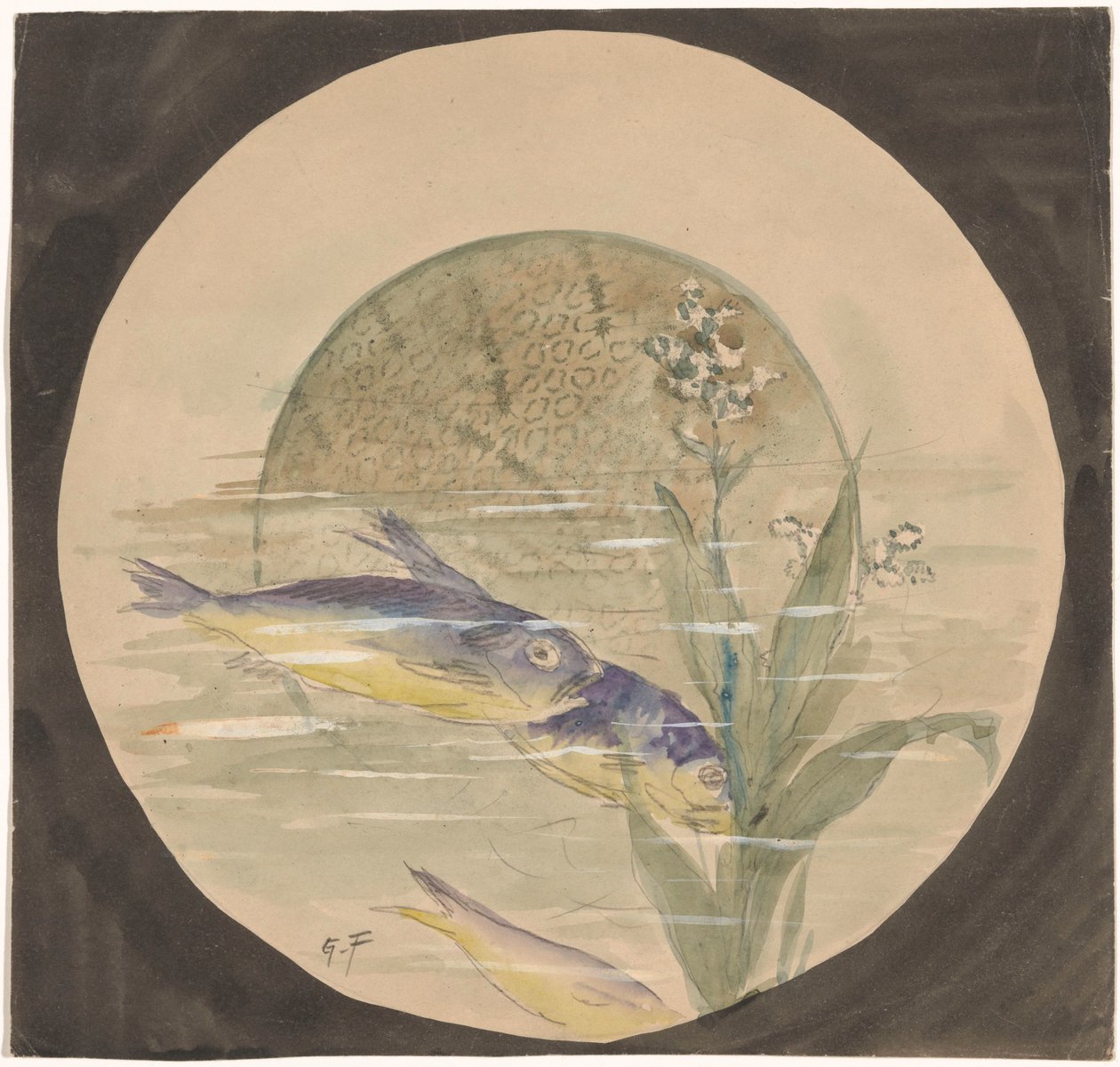 三条蓝黄色鱼在水生植物附近向上游动的盘子的设计 作者 Gustave Fraipont（艺术家签名）