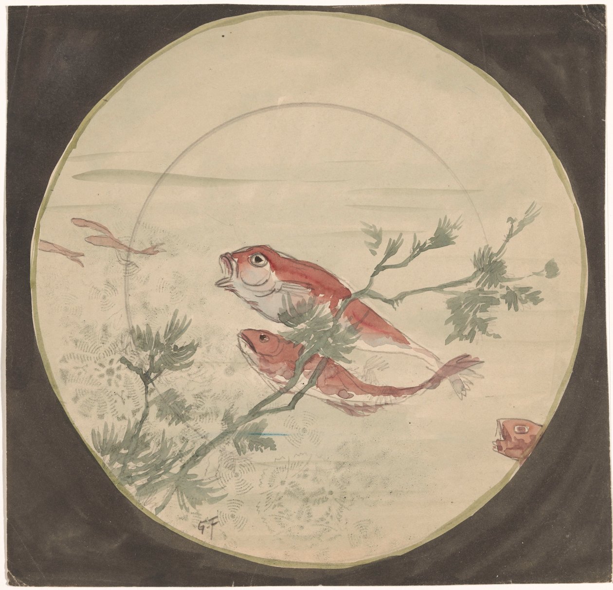 设计一个红色鱼向上游的标志 作者 Gustave Fraipont（艺术家签名）