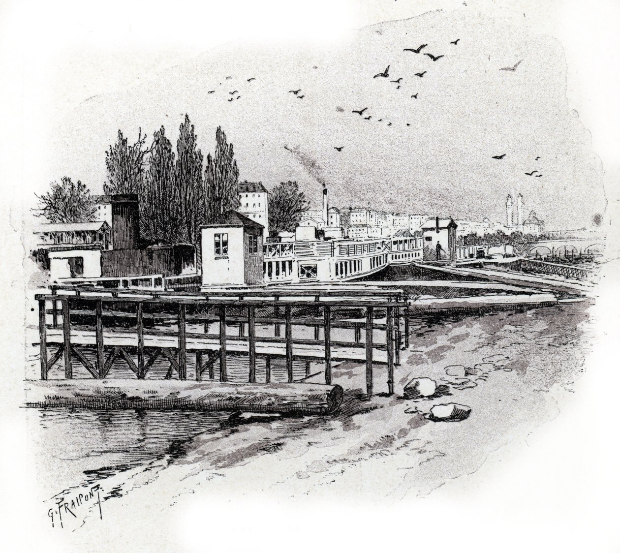 Atelier de repparation des bateau omnibus (Bateau-bus) à Paris（巴黎塞纳河上的水上巴士（通勤船）修理厂） Gustave Fraipont（1849-1923 年）根据 Saint-Juirs 的《La seine a travers Paris》绘制的图画 作者 古斯塔夫·弗赖蓬（Gustave Fraipont）