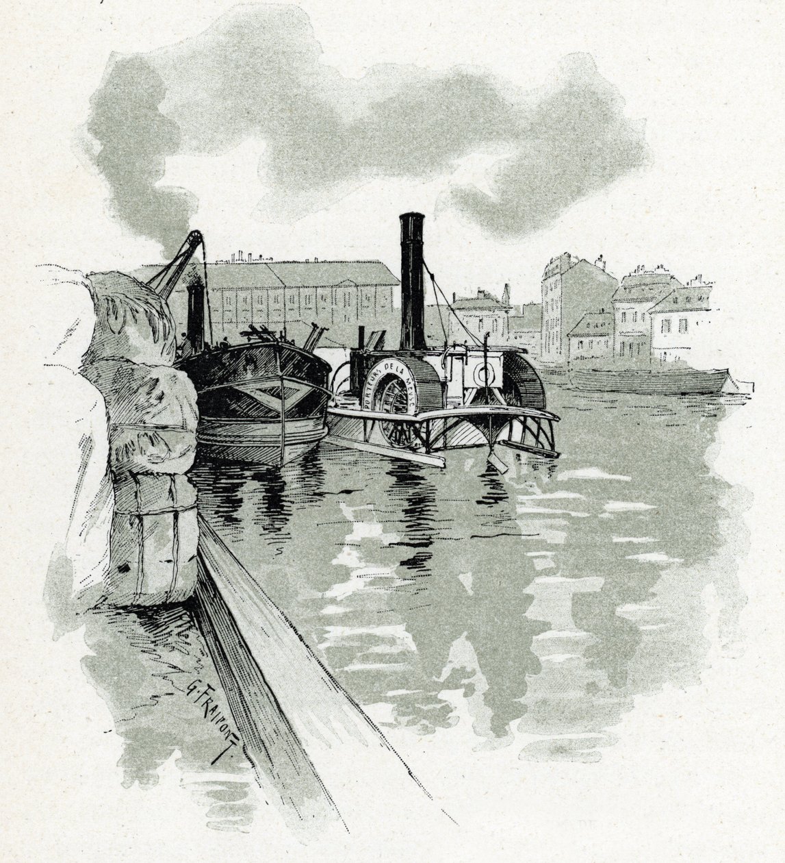 Boats mooring in the port of La Villette, Paris (Boats in the port of La Villette, Paris) Drawing by Gustave Fraipont (1849-1923) draws from “La seine a travers Paris” by Saint-Juirs 作者 古斯塔夫·弗赖蓬（Gustave Fraipont）