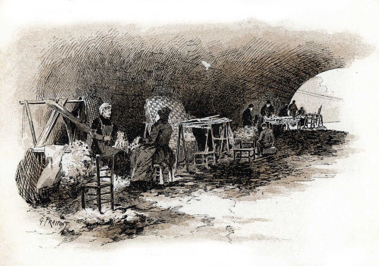 Cardeuses sous le Pont Marie (玛丽桥下的羊毛梳理工)（巴黎玛丽桥下梳理羊毛的工人） 巴黎 Gustave Fraipont（1849-1923 年）根据 Saint-Juirs 的《La seine a travers Paris》绘制的图画 作者 古斯塔夫·弗赖蓬（Gustave Fraipont）