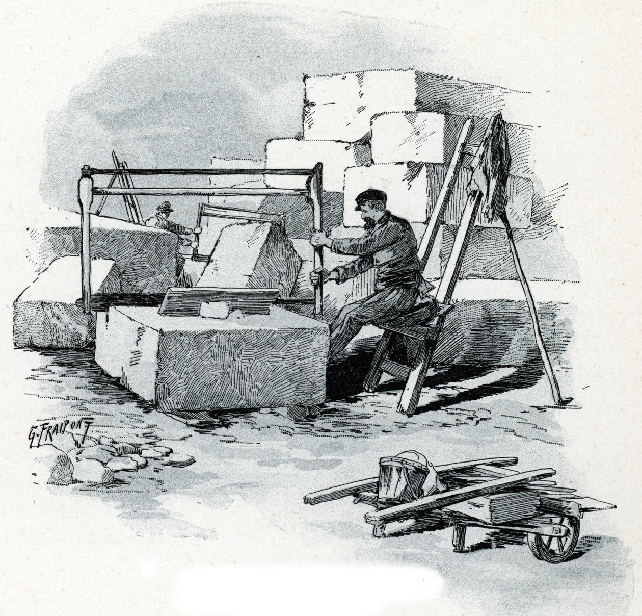 Chantier de pierres de taille du quai de Valmy，巴黎（巴黎瓦尔米码头圣马丁运河岸边的石匠），古斯塔夫-弗雷彭（1849-1923 年）根据圣-茹伊尔的《穿越巴黎的塞纳河》绘制。 作者 古斯塔夫·弗赖蓬（Gustave Fraipont）