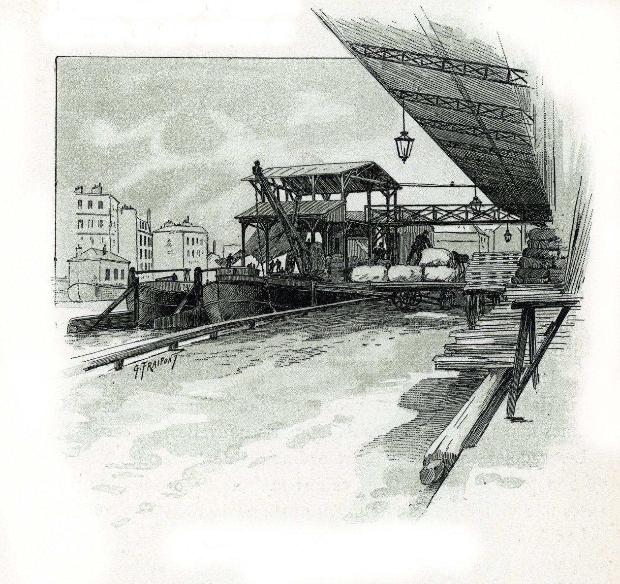 巴黎拉维莱特港的码头 古斯塔夫·弗莱蓬 (Gustave Fraipont，1849-1923) 的绘画取自圣朱尔 (Saint-Juirs) 的《La seine a travers Paris》 作者 古斯塔夫·弗赖蓬（Gustave Fraipont）