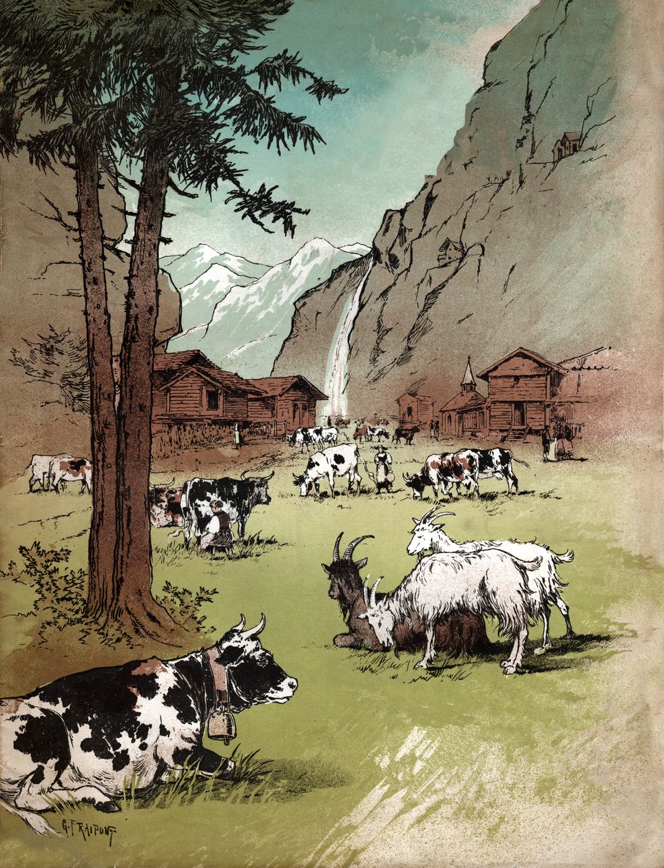 瑞士阿尔卑斯山的农场和风景，约1910年（插图）。 作者 古斯塔夫·弗赖蓬（Gustave Fraipont）