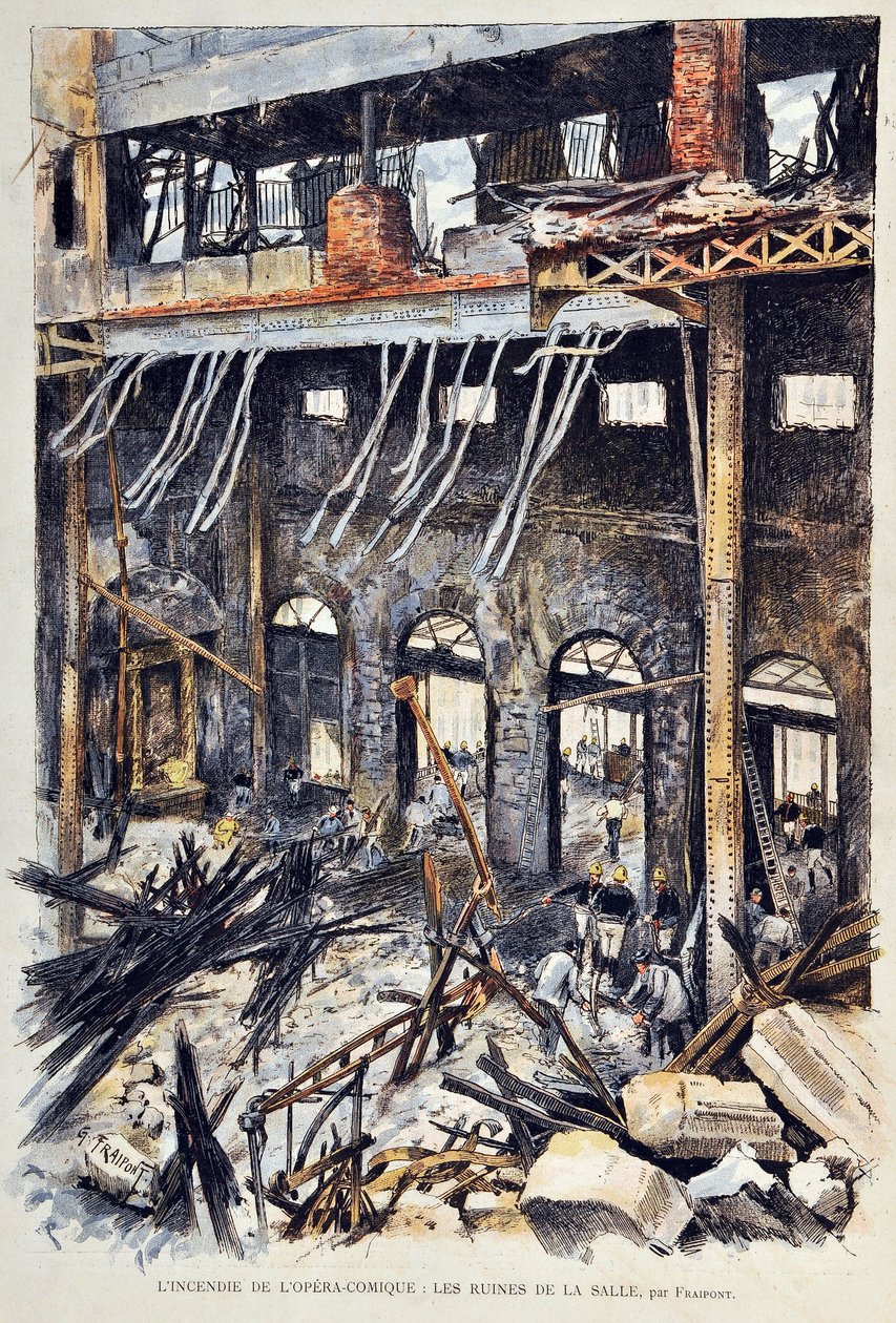 1887年5月25日，巴黎喜剧院（Opera-Comique）在安布罗斯-托马斯（Ambroise Thomas）的第一幕 "米尼翁 "演出时发生火灾。内部的废墟。Gustave Fraipont (1849 -1923)的插图，1887年在 "巴黎画报周刊 "上的版画。 作者 古斯塔夫·弗赖蓬（Gustave Fraipont）