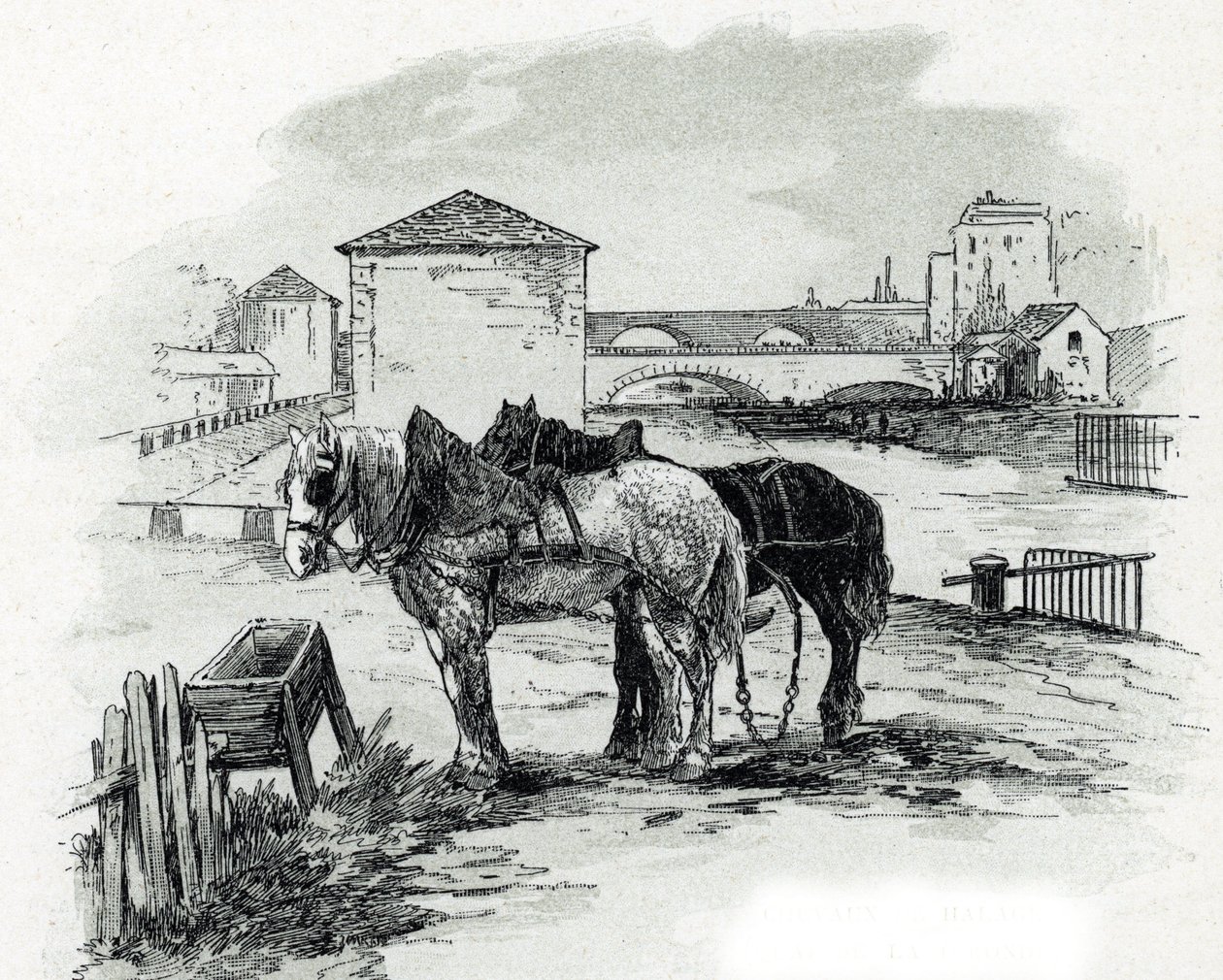 Horses de haulage, quai de la Gironde, Villette（用于拖曳圣但尼运河船只的马匹，巴黎维莱特码头）由 Gustave Fraipont（1849-1923 年）绘制，来自圣朱尔 作者 古斯塔夫·弗赖蓬（Gustave Fraipont）