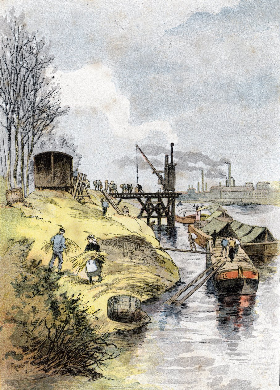 Le chargement des pommes dans les wagons, quai de Bercy, Paris (码头工人在巴黎贝西码头用汽车装载苹果) Gustave Fraipont (1849-1923) 根据 Saint-Juirs 的作品 "La seine a travers Paris "绘制的图画 作者 古斯塔夫·弗赖蓬（Gustave Fraipont）