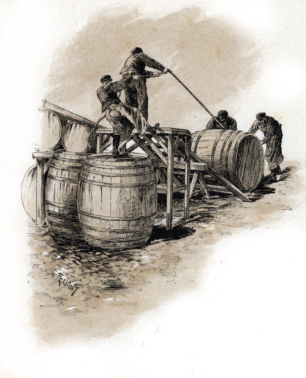 巴黎贝尔西，码头工人在酒桶上立桩 古斯塔夫·弗兰蓬 (Gustave Frainpont，1849-1923) 的绘画取自圣朱尔 (Saint-Juirs) 的《穿越巴黎的塞纳河》 作者 古斯塔夫·弗赖蓬（Gustave Fraipont）