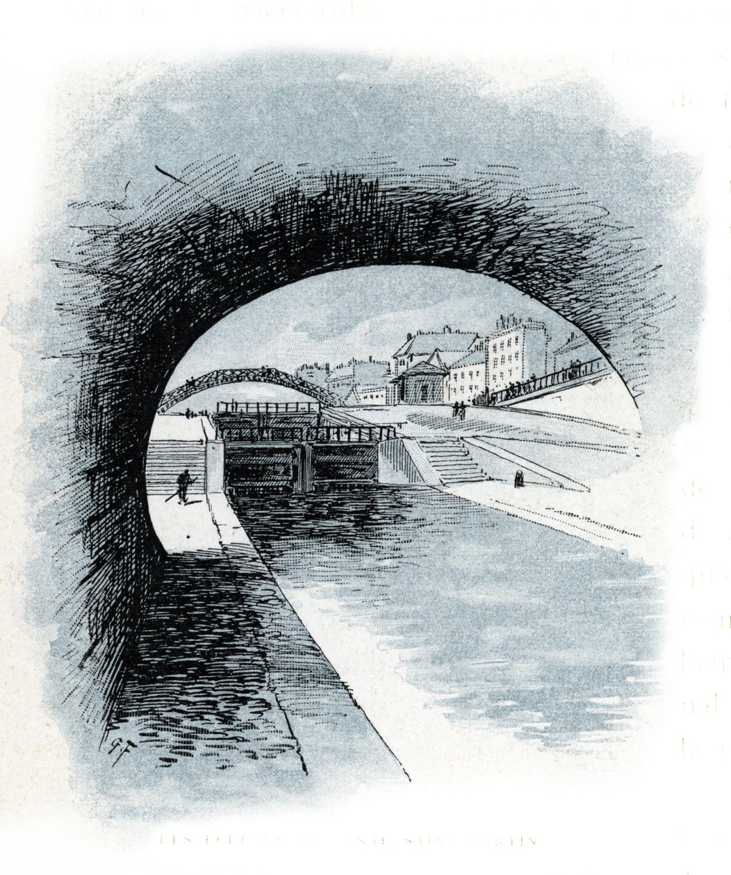 Les ecluses du canal saint Martin, paris（巴黎圣马丁运河水闸景观），古斯塔夫-弗雷彭（1849-1923 年）绘制，取材于圣-茹伊尔的《穿越巴黎的塞纳河》。 作者 古斯塔夫·弗赖蓬（Gustave Fraipont）