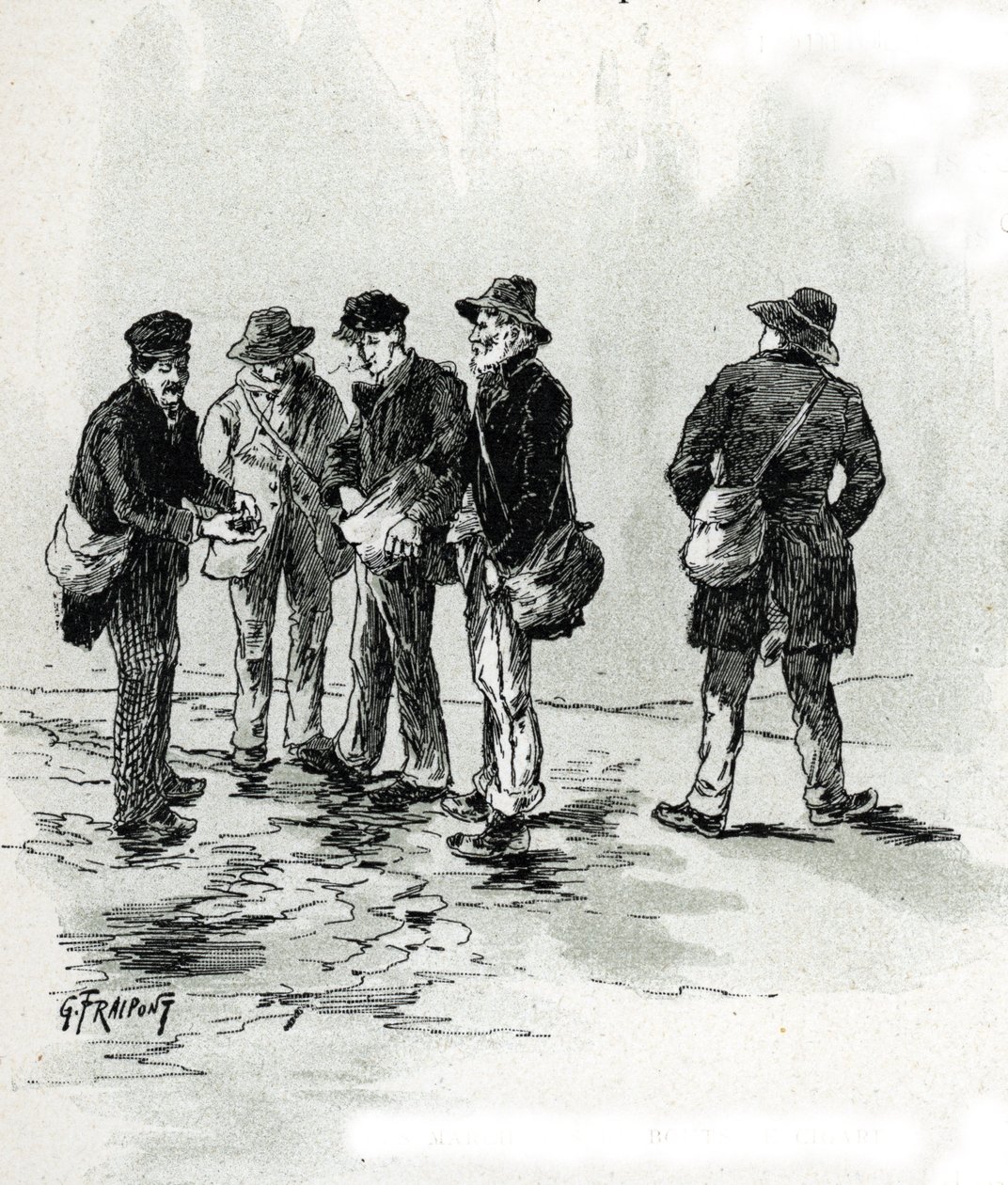 巴黎莫贝尔区的街头商贩的雪茄和烟头 古斯塔夫·弗莱蓬（Gustave Fraipont，1849-1923 年）的绘画取自圣朱尔 (Saint-Juirs) 的《穿越巴黎的塞纳河》 作者 古斯塔夫·弗赖蓬（Gustave Fraipont）