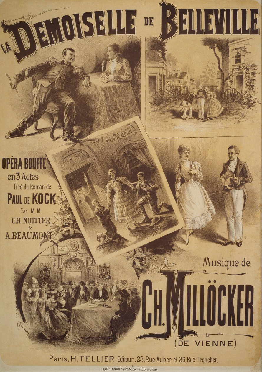 La Demoiselle de Belleville 的海报，漫画歌剧，Charles Nuitter 和 Alexandre Beaumont 的剧本，Karl Millocker 的音乐，Gustave Fraipont 的绘图，Tellier 出版社，巴黎 作者 古斯塔夫·弗赖蓬（Gustave Fraipont）