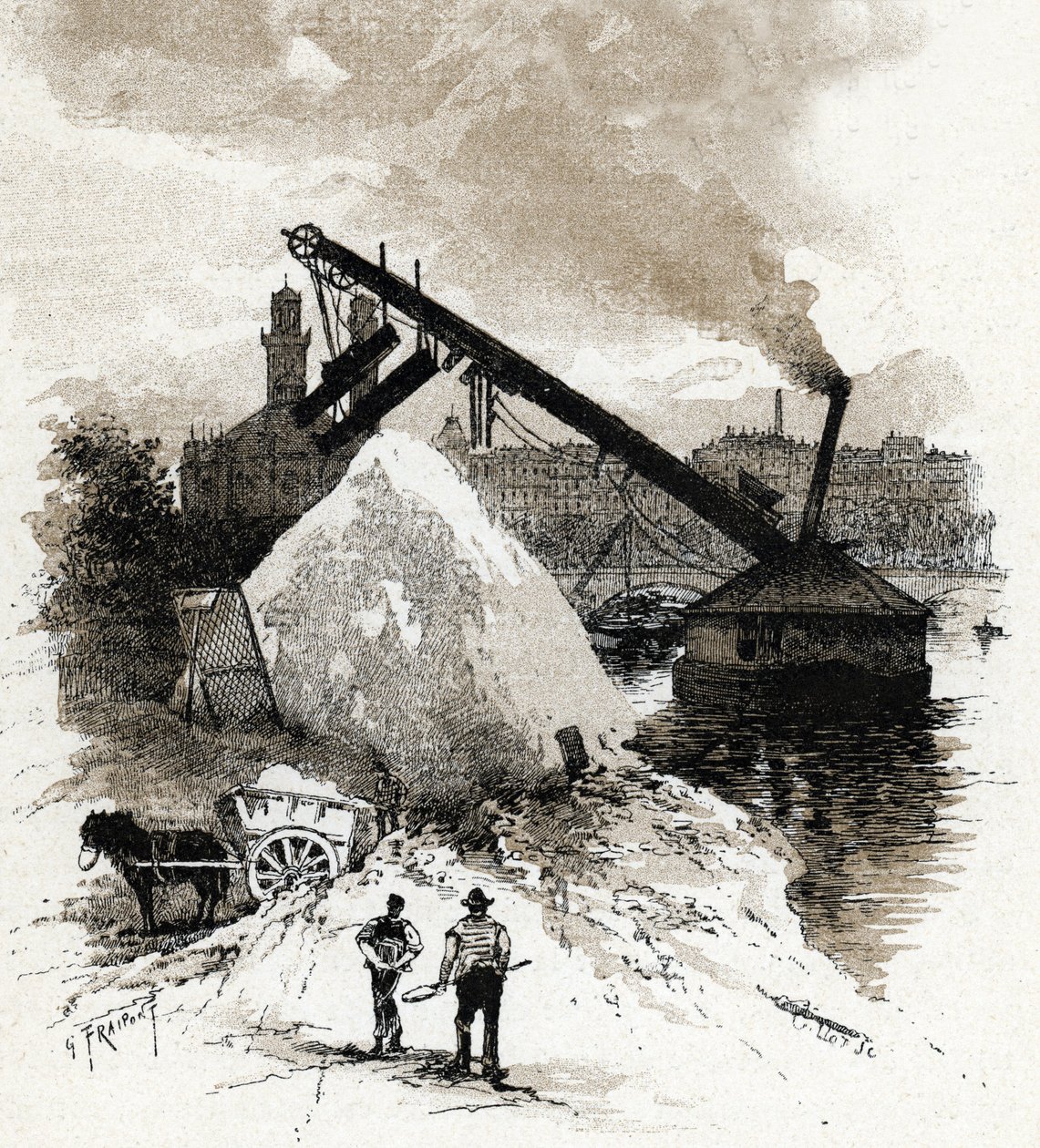 巴黎阿尔玛桥附近塞纳河畔的沙分级机，由古斯塔夫·弗莱蓬 (Gustave Fraipont，1849-1923 年) 绘制，取自圣朱尔 (Saint-Juirs) 的《La seine a travers Paris》 作者 古斯塔夫·弗赖蓬（Gustave Fraipont）