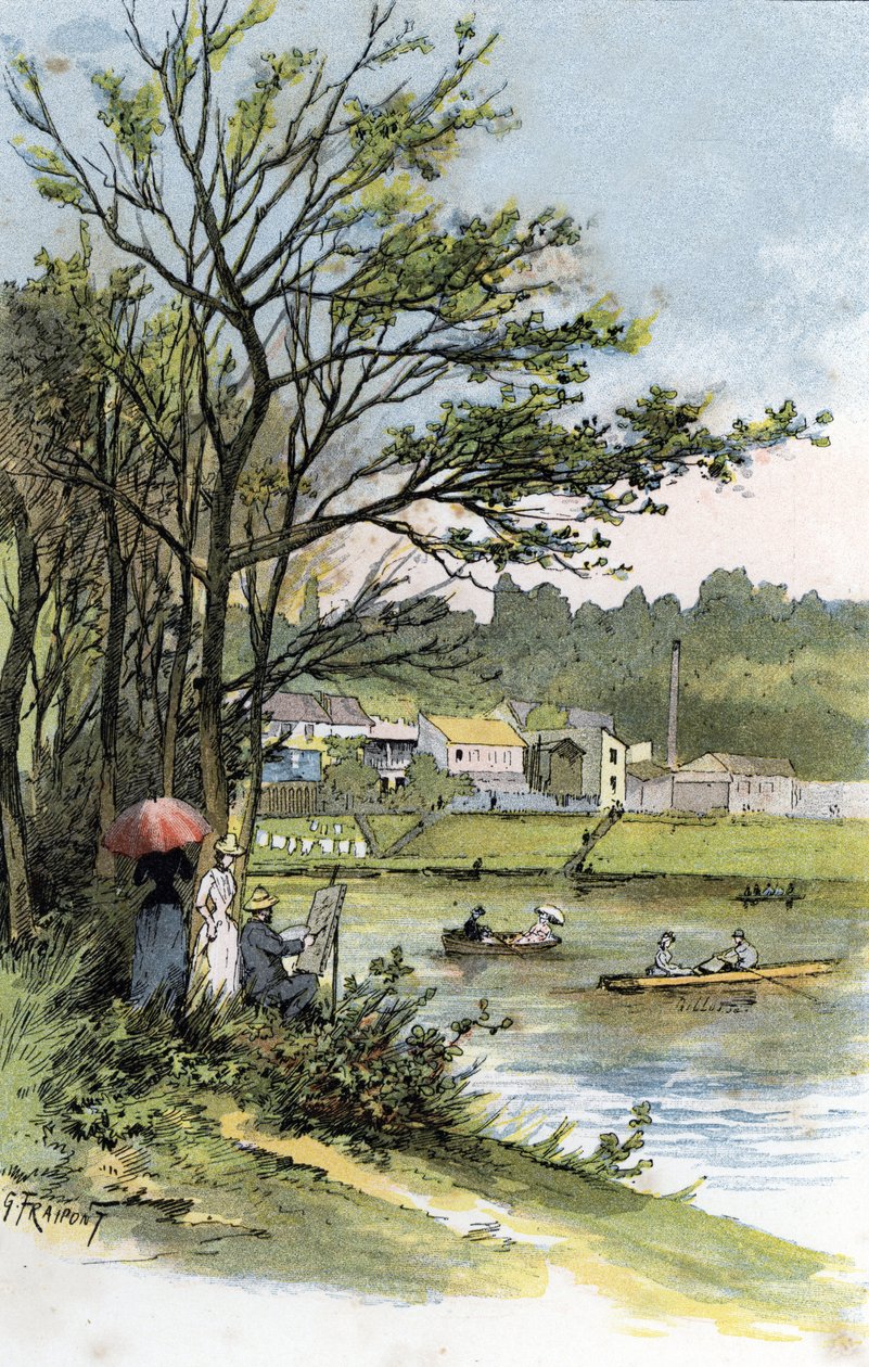 周日，巴斯默东 (Meudon-sur-Seine) 塞纳河上的漫步者由古斯塔夫·弗莱蓬 (Gustave Fraipont，1849-1923 年) 绘制，来自圣瑞尔 (Saint-Juirs) 作者 古斯塔夫·弗赖蓬（Gustave Fraipont）