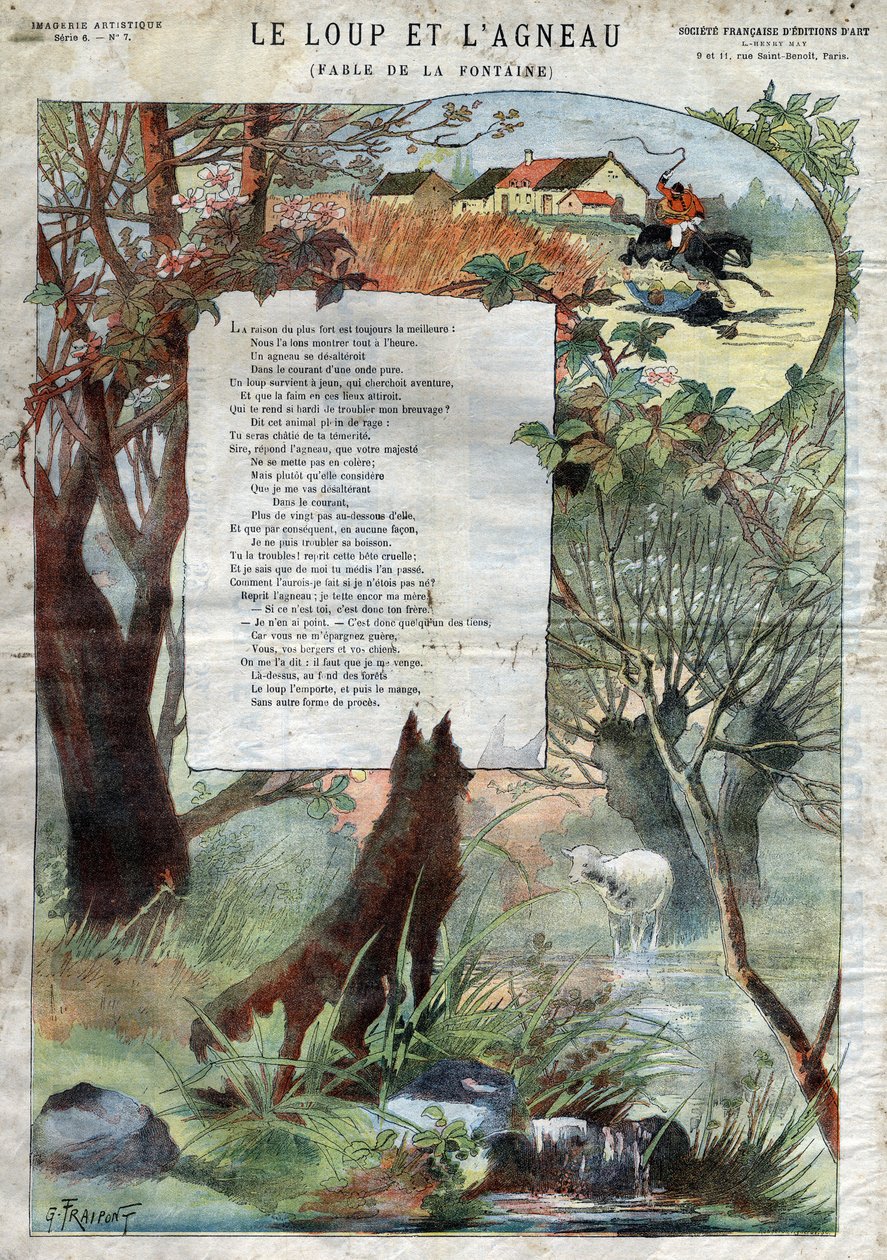 狼和羊。让-德-拉封丹（1621-95）的寓言。古斯塔夫-弗雷庞（Gustave Fraipont，1849-1923）的插图。私人收藏。 作者 古斯塔夫·弗赖蓬（Gustave Fraipont）