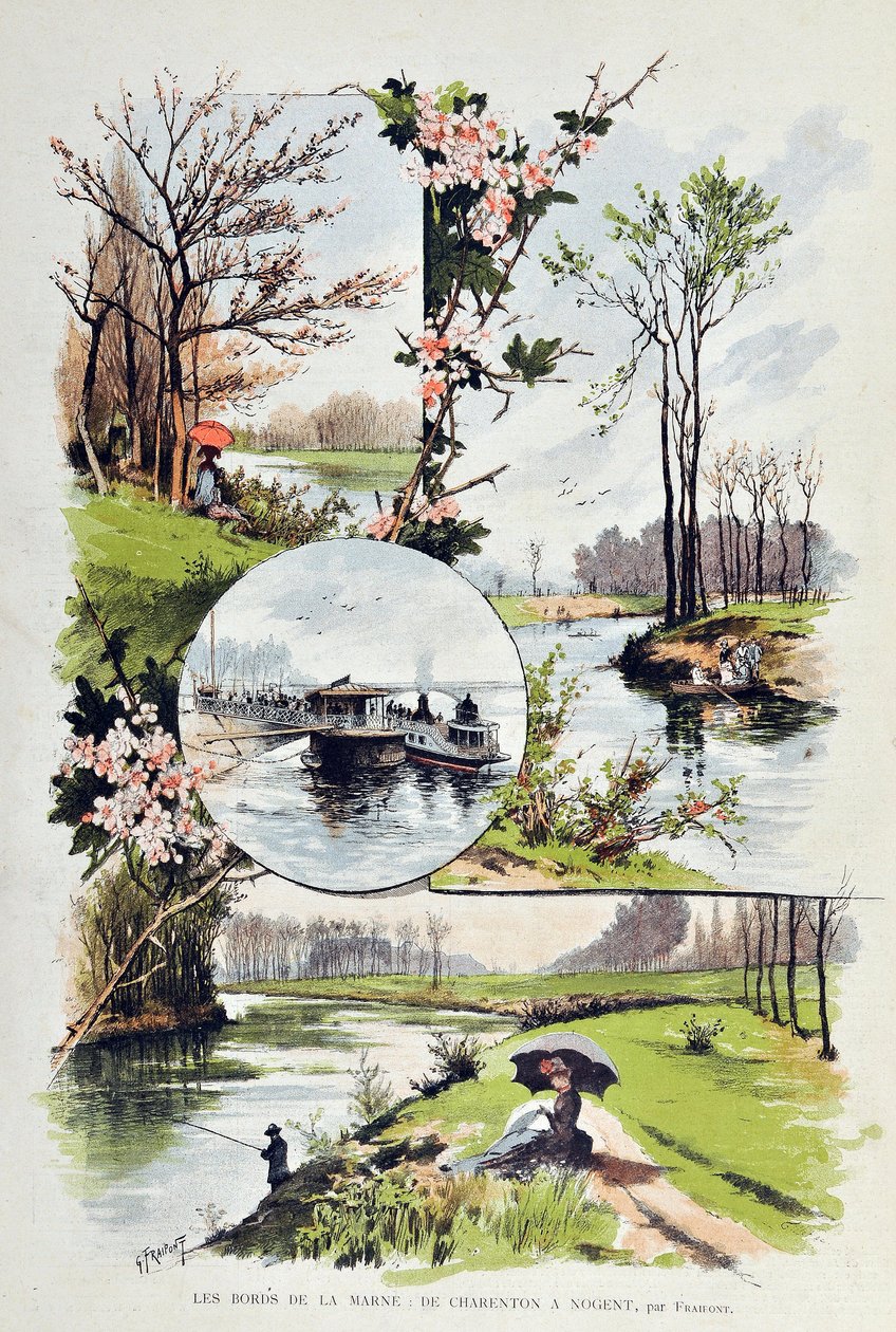 马恩河的边缘：1887年从查宁顿到诺贡。古斯塔夫-弗雷庞（Gustave Fraipont，1849-1923）的插图，1887年 "巴黎画报周刊 "上的版画。 作者 古斯塔夫·弗赖蓬（Gustave Fraipont）