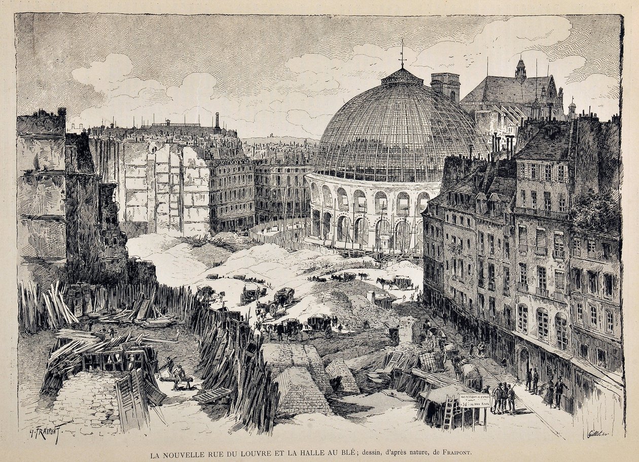 1887年巴黎的新卢浮宫街和Halle au Ble。古斯塔夫-弗莱庞（1849 - 1923）的插图。1887年在 "巴黎画报周刊 "上的版画。 作者 古斯塔夫·弗赖蓬（Gustave Fraipont）