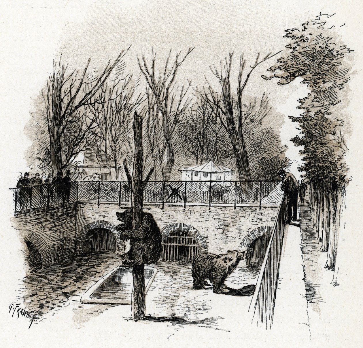 巴黎植物园动物园的熊坑景观 古斯塔夫-弗雷彭（1849-1923 年）根据圣儒尔的作品《穿越巴黎的塞纳河》绘制的图画 作者 古斯塔夫·弗赖蓬（Gustave Fraipont）