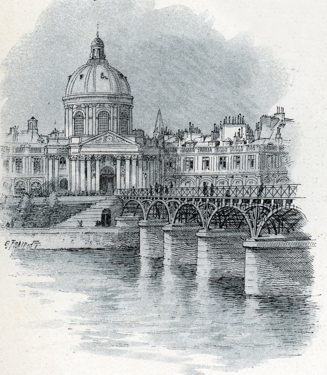 巴黎法兰西学院和艺术桥的景观 古斯塔夫·弗莱蓬（Gustave Fraipont，1849-1923 年）的绘画取自圣儒尔的《穿越巴黎的塞纳河》 作者 古斯塔夫·弗赖蓬（Gustave Fraipont）