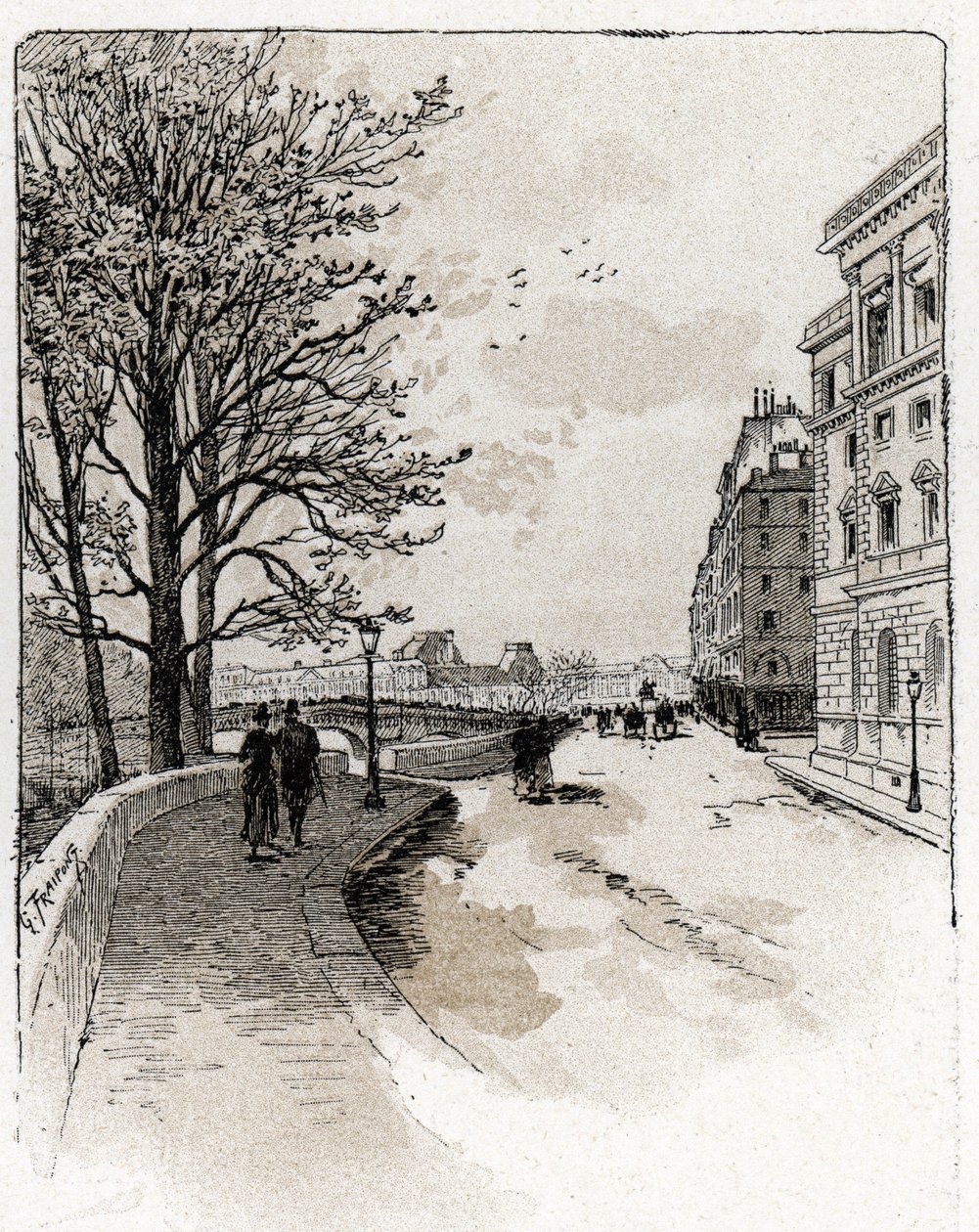 巴黎 Ile de la Cite 的 Quai des Orfevres 景观，由 Gustave Fraipont（1849-1923 年）在 Saint-Juirs 绘制 作者 古斯塔夫·弗赖蓬（Gustave Fraipont）