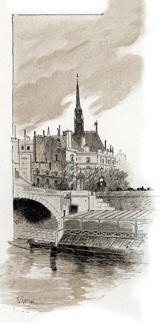 从巴黎圣米歇尔桥眺望圣礼拜堂（View of the Sainte Chapelle from St Michel bridge, Paris） 古斯塔夫-弗赖蓬（1849-1923 年）根据圣儒尔的《穿越巴黎的塞纳河》绘制的图画 作者 古斯塔夫·弗赖蓬（Gustave Fraipont）