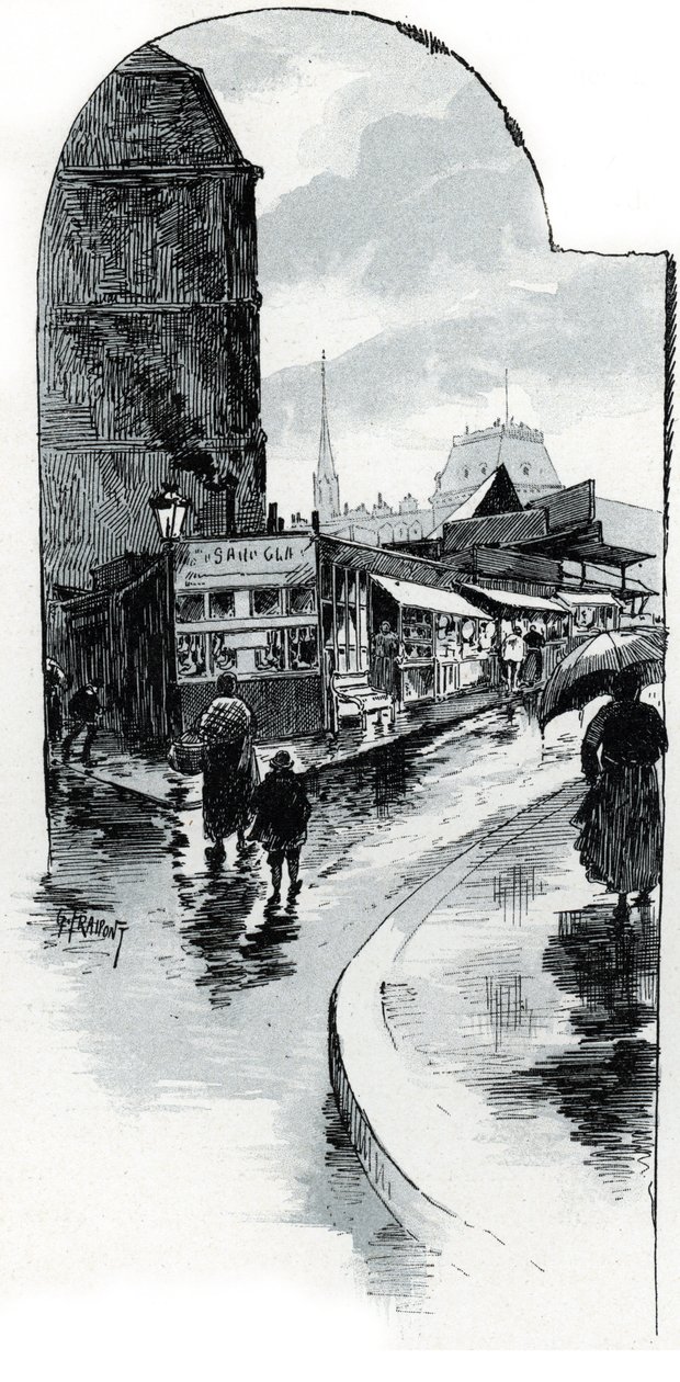 巴黎 rue de la Bucherie 街角的 brocanteurs 景观（巴黎 rue de la Bucherie 的二手商店） Gustave Fraipont（1849-1923 年）的绘画取材于圣-的《La seine a travers Paris》 尤尔斯 作者 古斯塔夫·弗赖蓬（Gustave Fraipont）