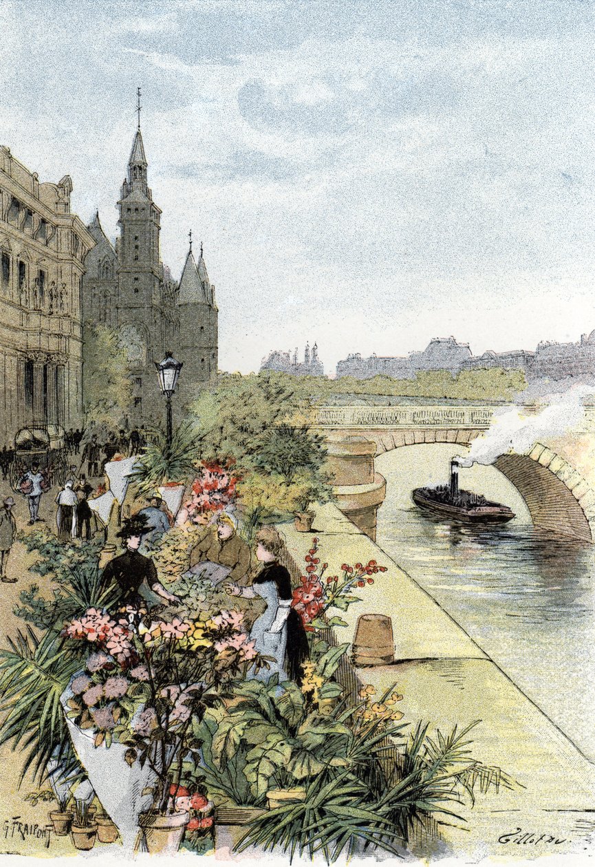 巴黎圣西特岛花卉市场景观 古斯塔夫-弗拉蓬（1849-1923 年）在圣茹伊斯绘制的图画 作者 古斯塔夫·弗赖蓬（Gustave Fraipont）
