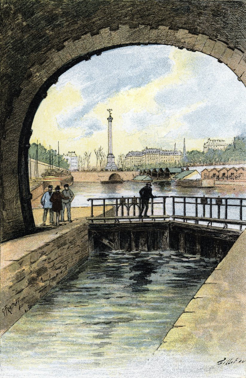 巴黎圣马丁运河船闸视图，由古斯塔夫·弗莱蓬 (Gustave Fraipont，1849-1923) 绘制，出自圣朱尔 (Saint-Juirs) 的《穿越巴黎的塞纳河》 作者 古斯塔夫·弗赖蓬（Gustave Fraipont）