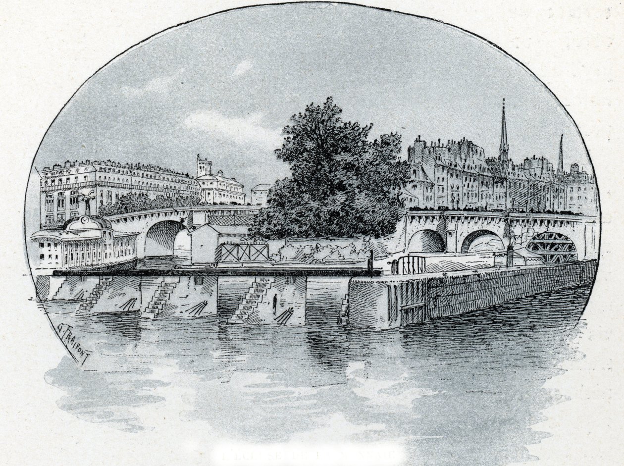 巴黎钱币博物馆前的钱币锁景观 古斯塔夫·弗莱蓬 (Gustave Fraipont，1849-1923) 的绘画取自圣儒尔的《穿越巴黎的塞纳河》 作者 古斯塔夫·弗赖蓬（Gustave Fraipont）
