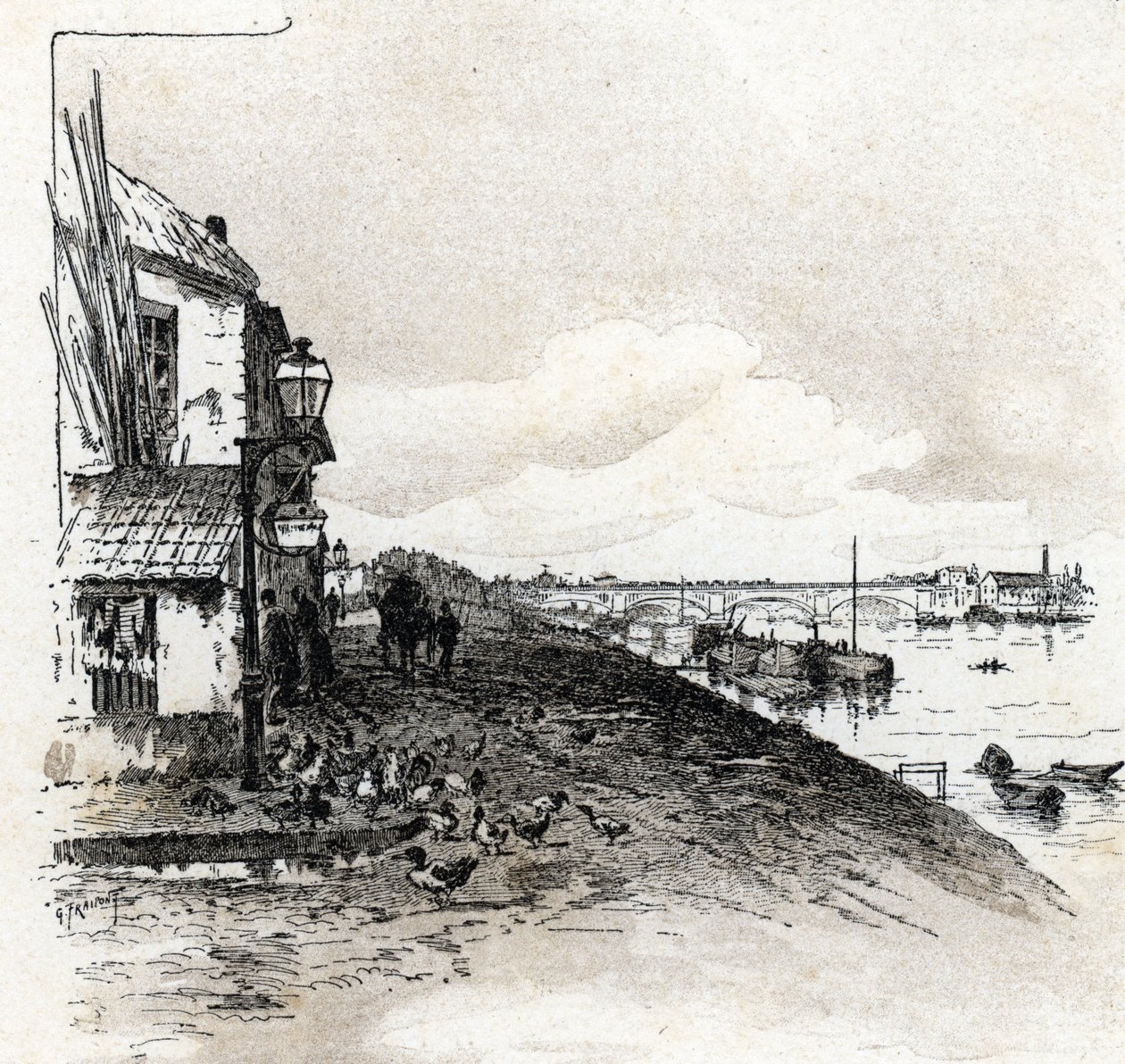 古斯塔夫-弗拉庞（1849-1923 年）根据圣儒尔的作品《穿越巴黎的塞纳河》绘制的伊夫里河岸风景图 作者 古斯塔夫·弗赖蓬（Gustave Fraipont）