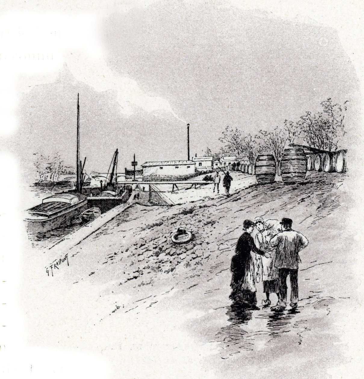 巴黎塞纳河河岸和圣贝尔纳河岸的景色 古斯塔夫-弗雷蓬（1849-1923 年）根据圣儒尔的作品《穿越巴黎的塞纳河》绘制的图画 作者 古斯塔夫·弗赖蓬（Gustave Fraipont）