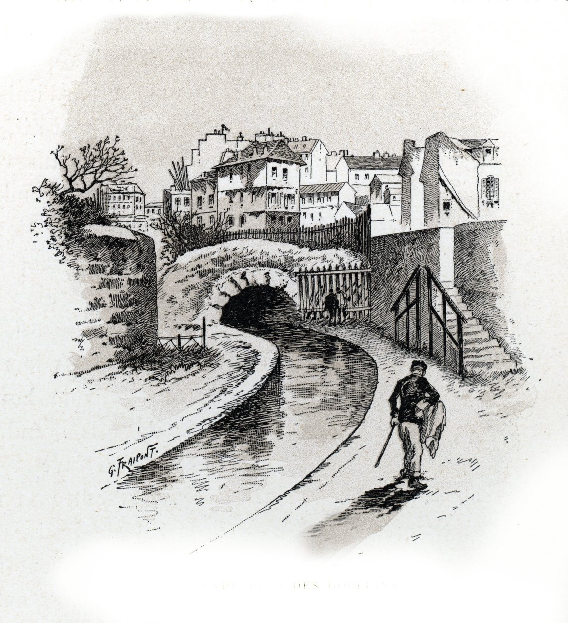 Vue de la Bievre pres des Gobelins, paris（巴黎戈布兰区比耶夫尔河景观）古斯塔夫·弗莱蓬 (Gustave Fraipont，1849-1923 年) 的绘画取材于圣朱尔 (Saint-Juirs) 的《穿越巴黎的塞纳河》 作者 古斯塔夫·弗赖蓬（Gustave Fraipont）