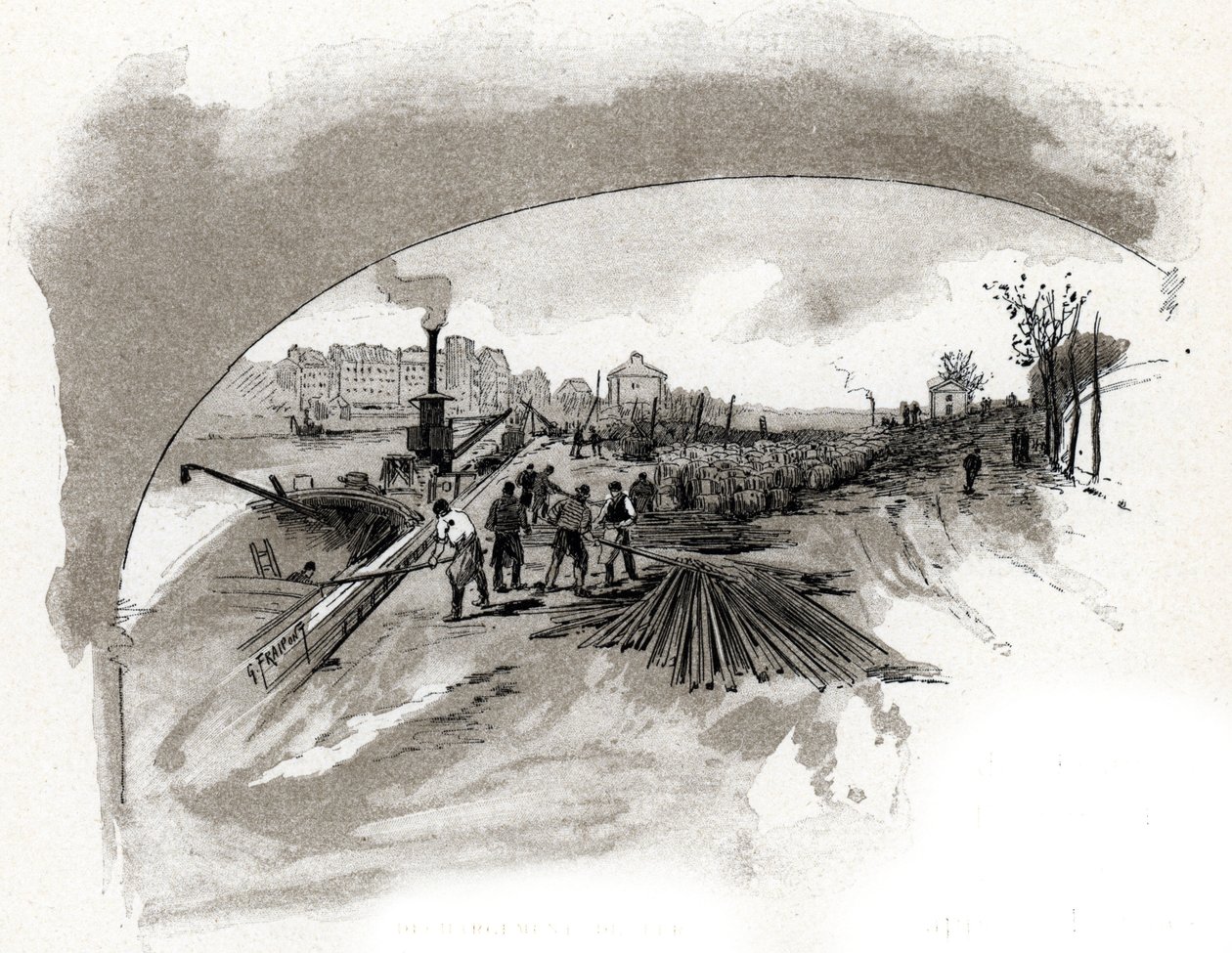 dechargement du fer sur le quai saint Bernard a Paris（码头工人在巴黎圣伯纳码头的塞纳河河岸卸下铁块） Gustave Fraipont（1849-1923 年）根据 Saint-Juirs 的作品 "La seine a travers Paris "绘制的图画 作者 古斯塔夫·弗赖蓬（Gustave Fraipont）