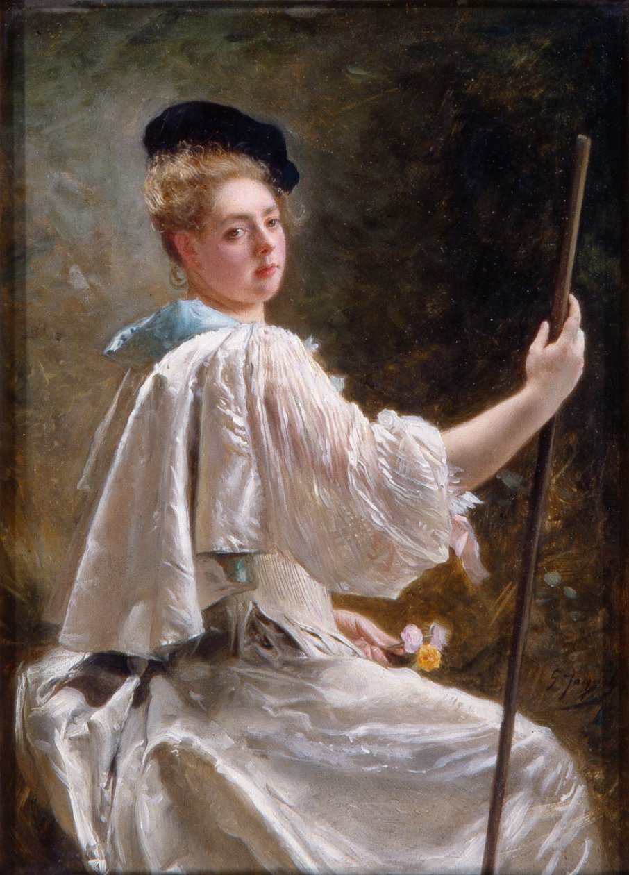 持杖女士，约 1895 年（布面油画） 作者 古斯塔夫·雅克（Gustave Jacquet）