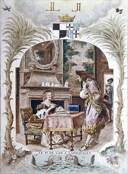 元旦时在卡纳瓦莱酒店的塞维涅夫人，巴黎，约1900年（彩色平印）。 作者 古斯塔夫·雅克（Gustave Jacquet）