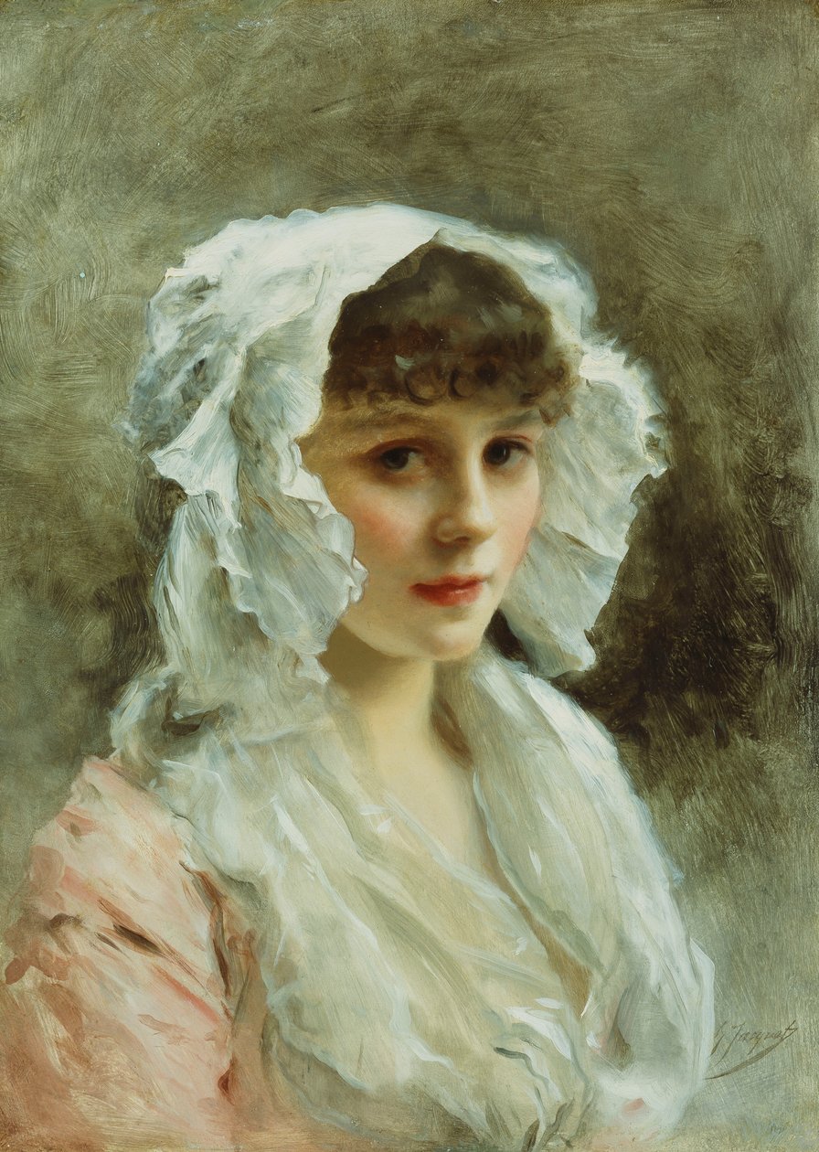白色帽子的女士的画像， 作者 古斯塔夫·雅克（Gustave Jacquet）