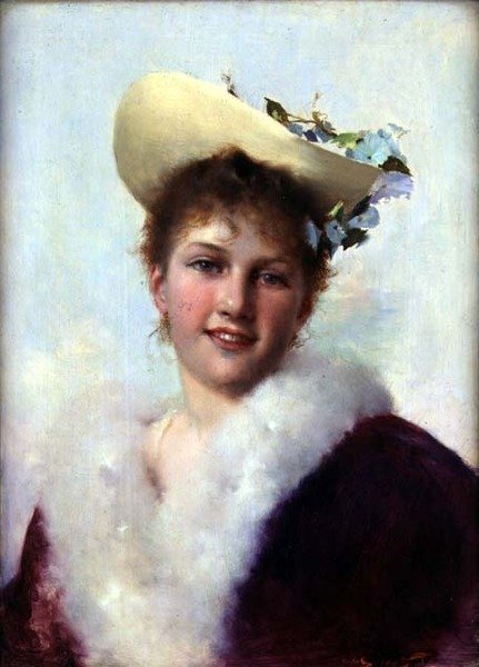 复活节帽》（板面油画） 作者 古斯塔夫·雅克（Gustave Jacquet）
