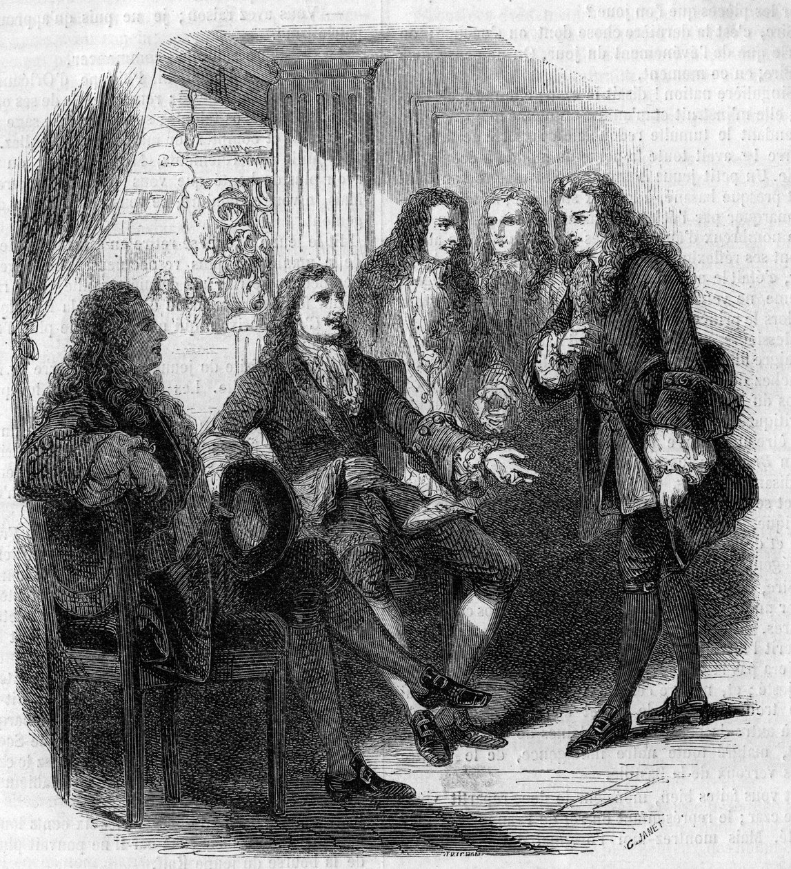 俄罗斯沙皇彼得大帝（1672-1725）和伏尔泰（Francois Marie Arouet，dit）（1694-1778）之间的相遇。古斯塔夫-雅内的版画 作者 古斯塔夫·珍妮特（Gustave Janet）