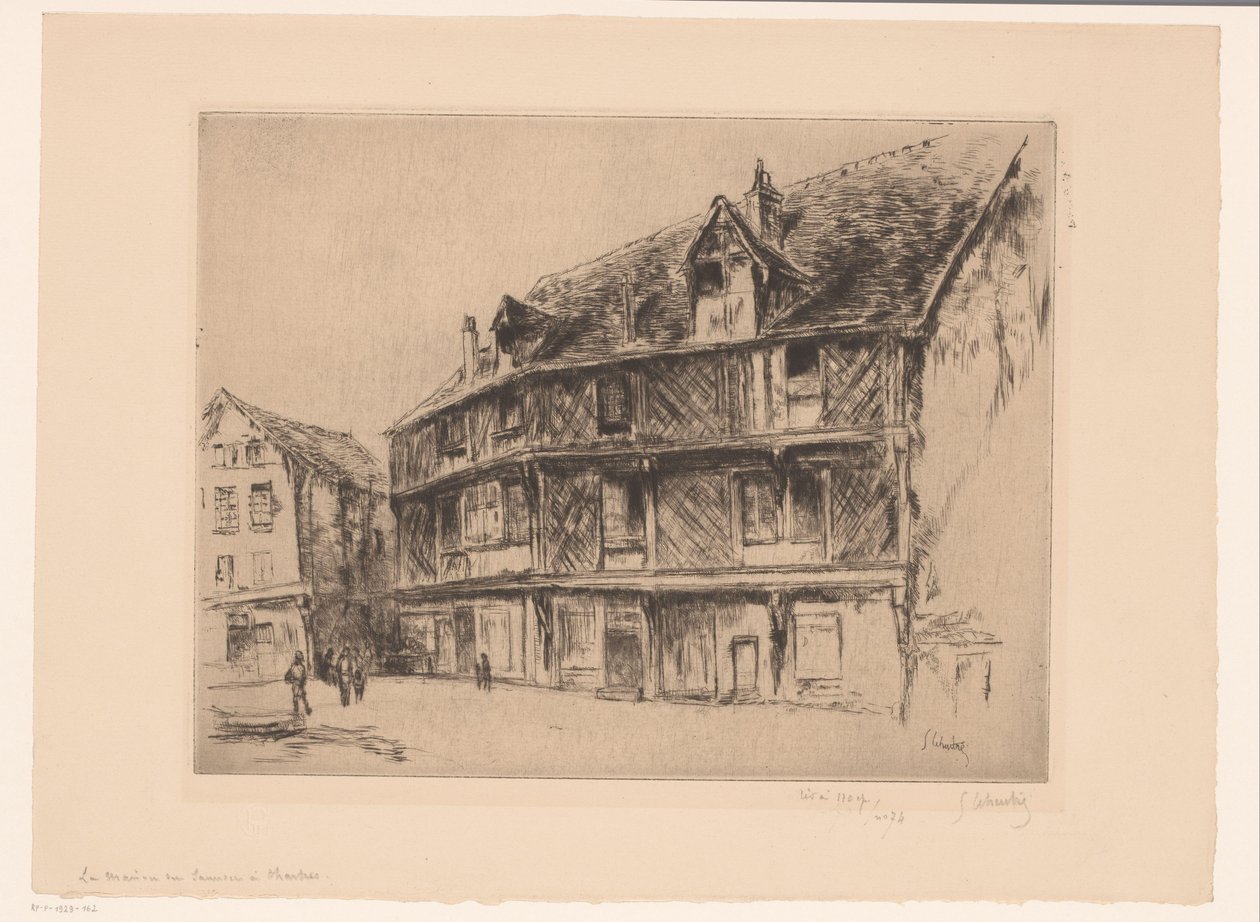 沙特尔有房屋和步行者的街道 La maison du saumon（沙特尔）（物品上的标题） 作者 Gustave Leheutre（艺术家签名）